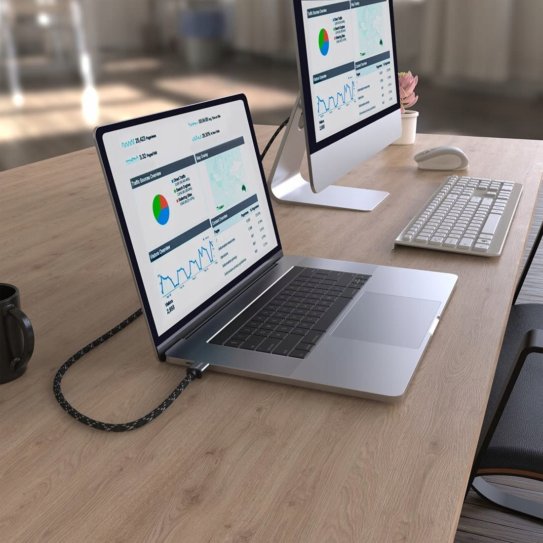 Laptop i monitor wyświetlają dane analityczne na drewnianym biurku.