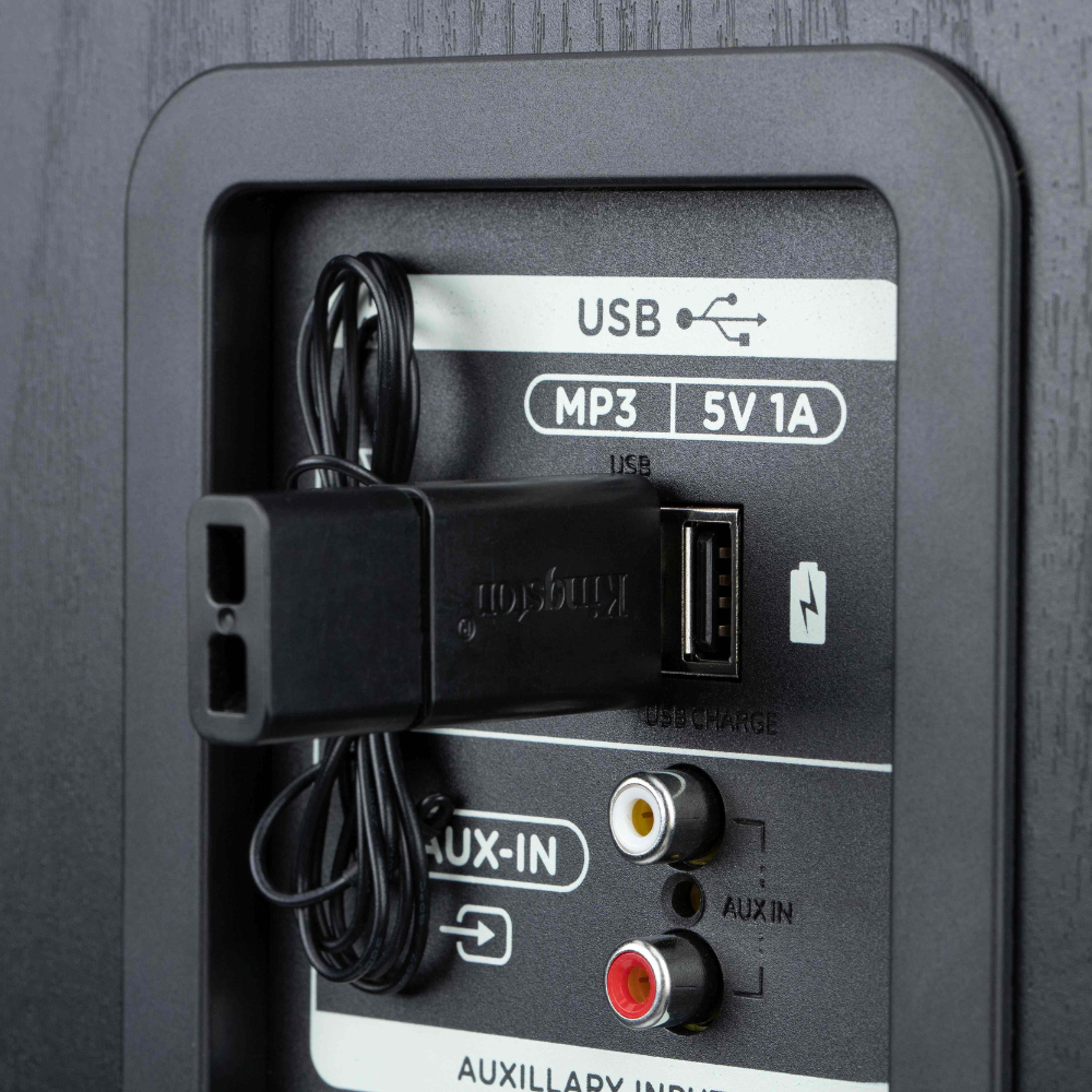 Czarny adapter USB Kingston jest podłączony do portu USB. Obok znajdują się porty AUX-IN.