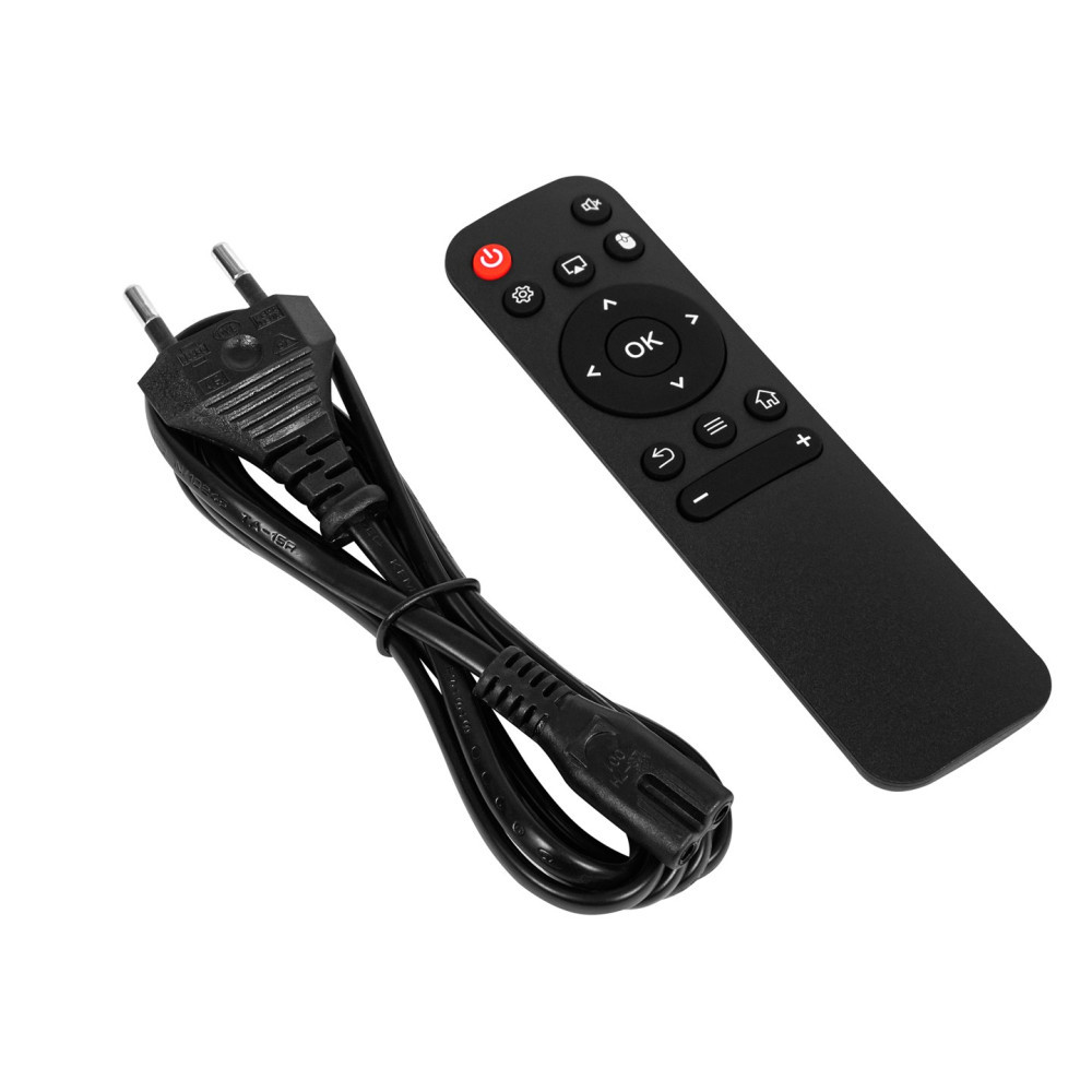 Czarny kabel zasilający i pilot zdalnego sterowania z przyciskami.