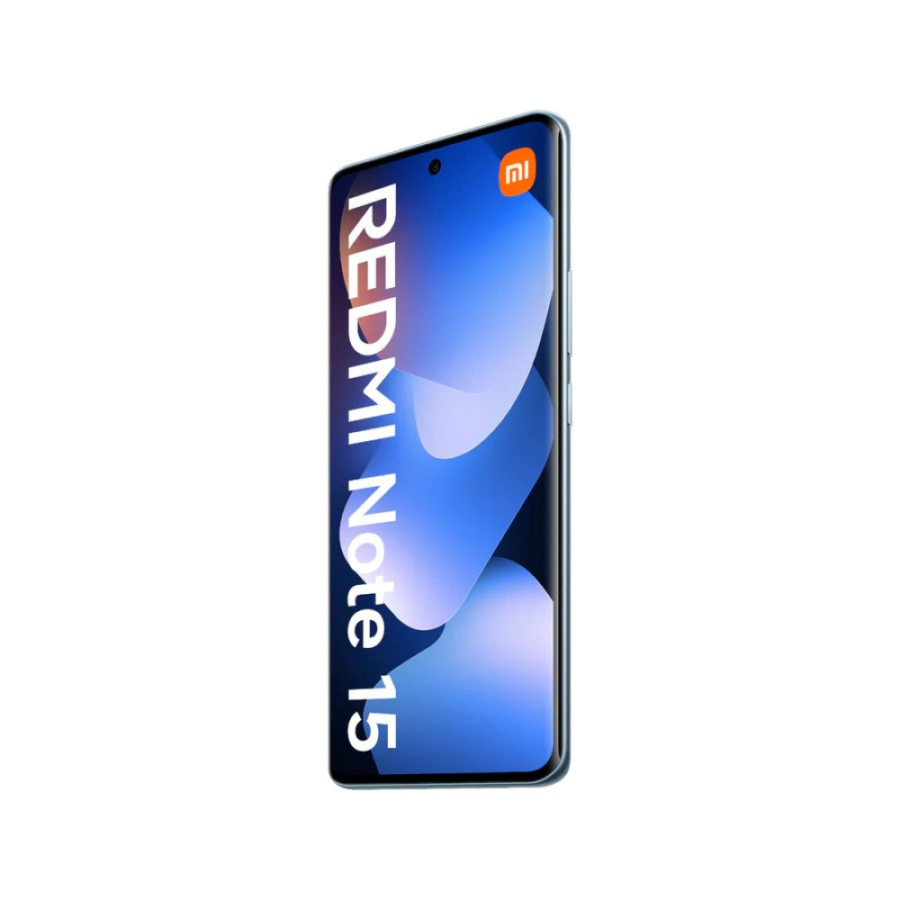 Jasnoniebieski smartfon z napisem "REDMI Note 15" na ekranie.