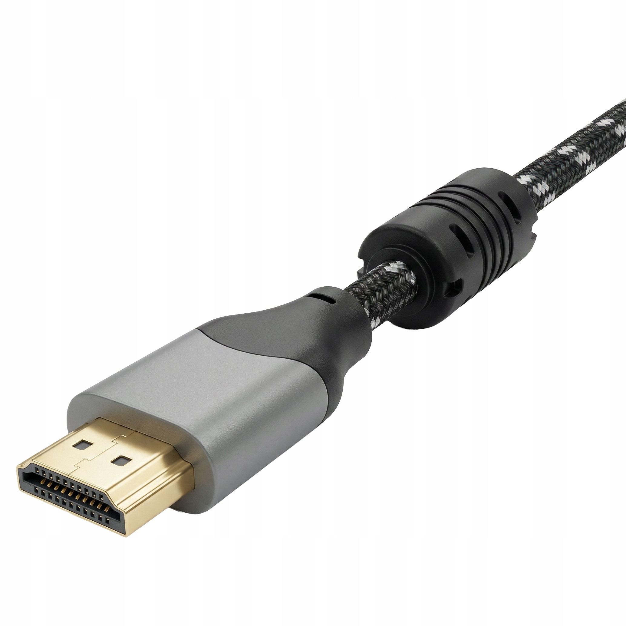 Złoty złącze HDMI z szarą obudową na plecionym kablu.