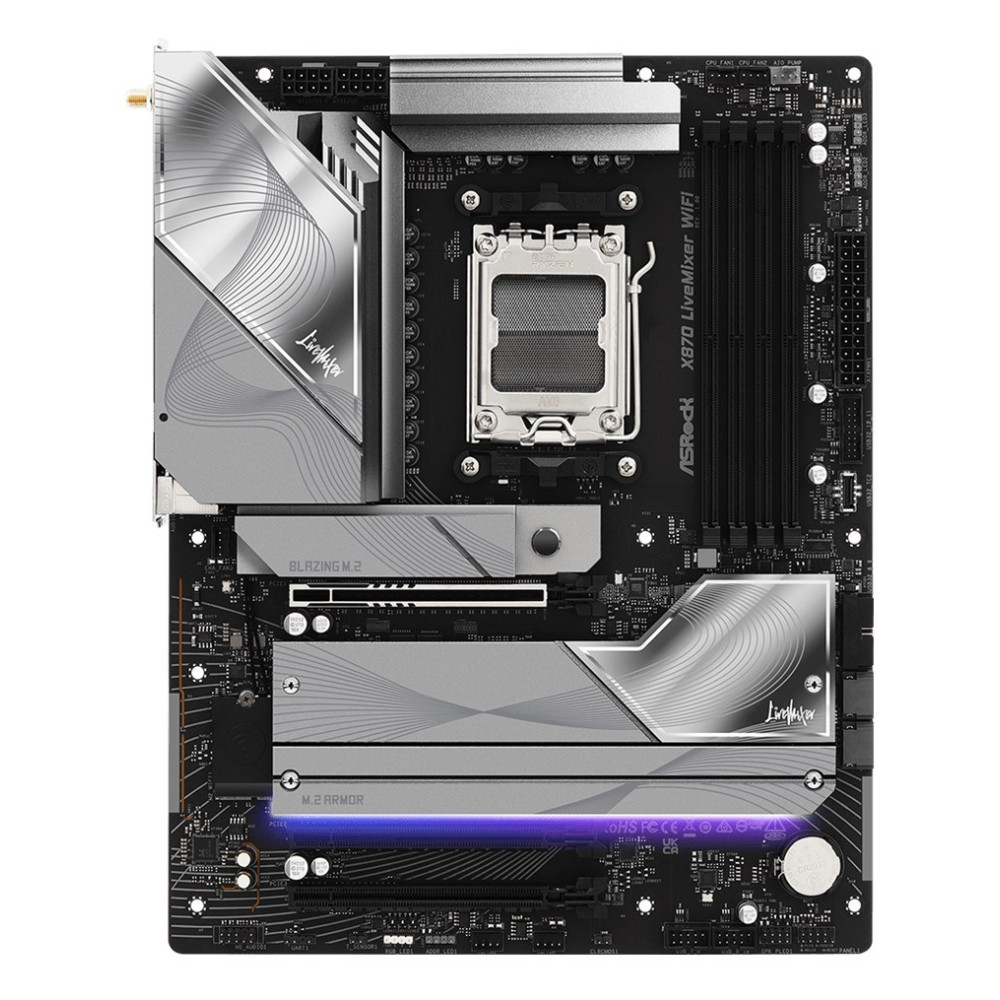 Płyta główna ASRock X870 z srebrnymi radiatorami, gniazdem CPU, slotami RAM i M.2.