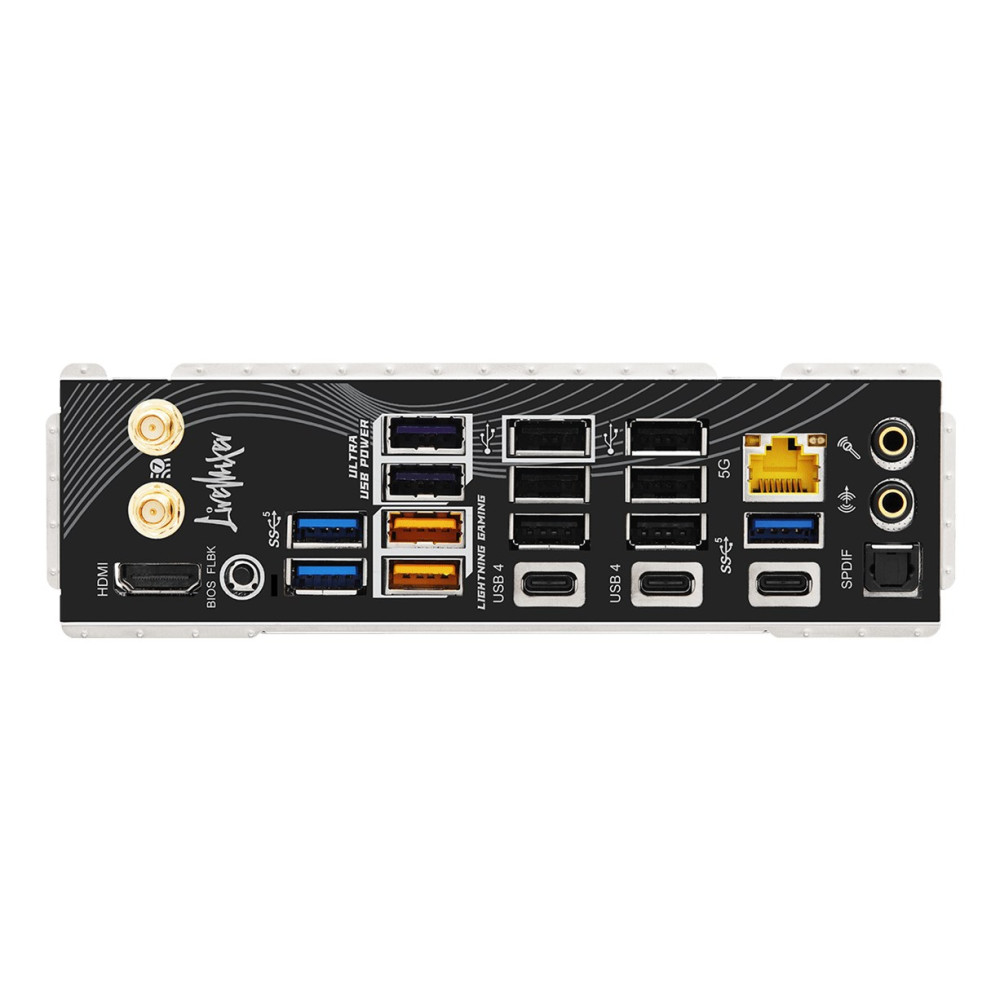 Tylny panel płyty głównej z portami HDMI, USB, Ethernet i audio.