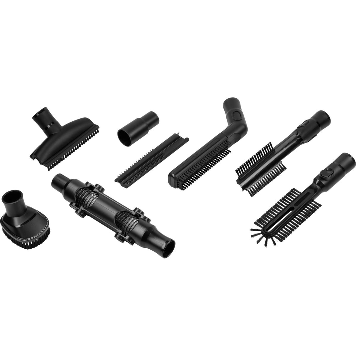 Różne czarne akcesoria do odkurzacza, w tym szczotki i dysze.