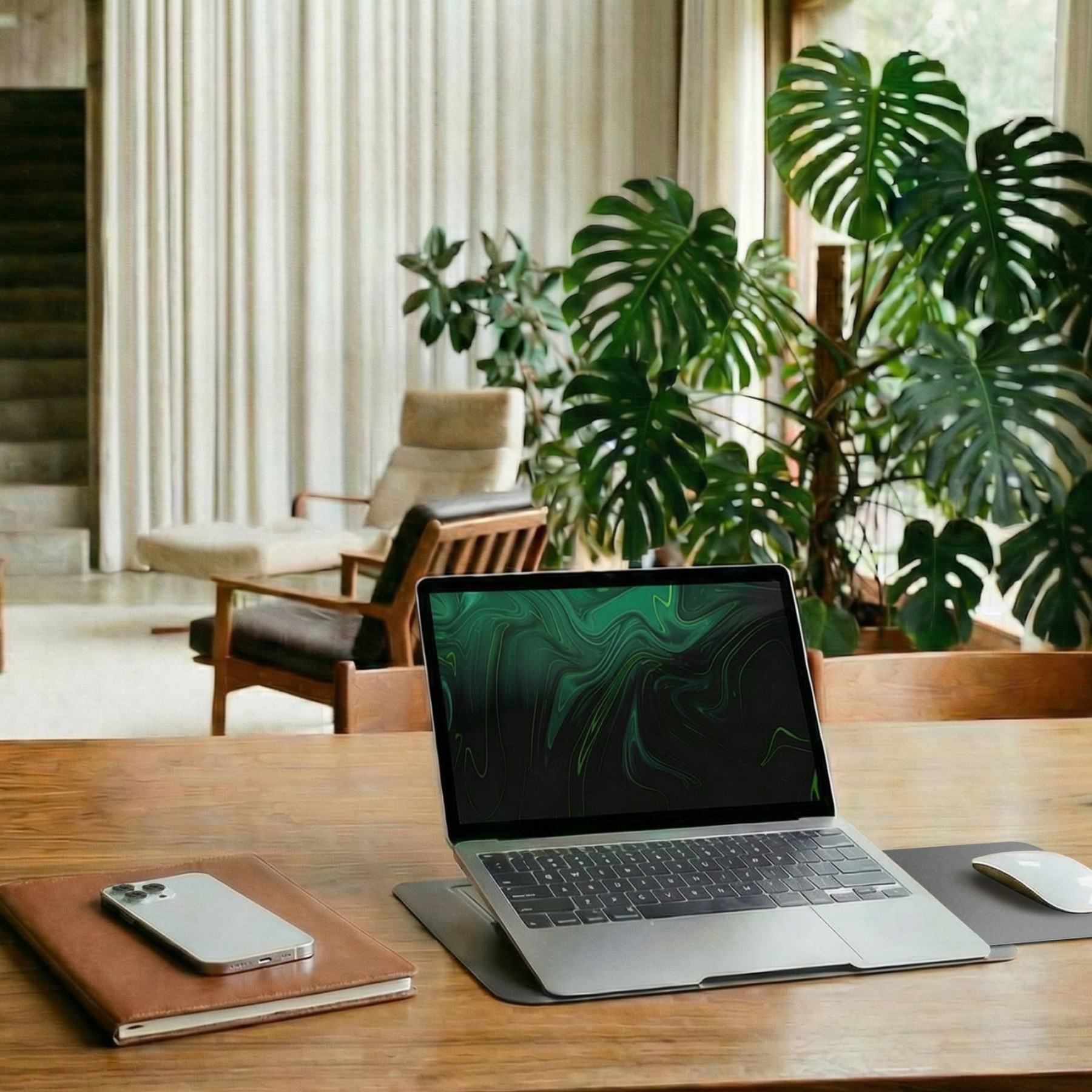 Otwarty laptop z zielonym tłem na drewnianym stole obok telefonu i notatnika.