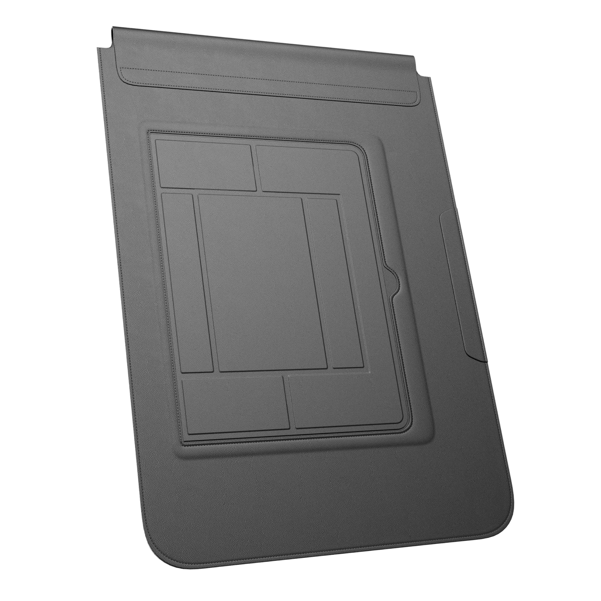 Szara torba na laptop ze skóry ekologicznej z wytłoczonym wzorem.