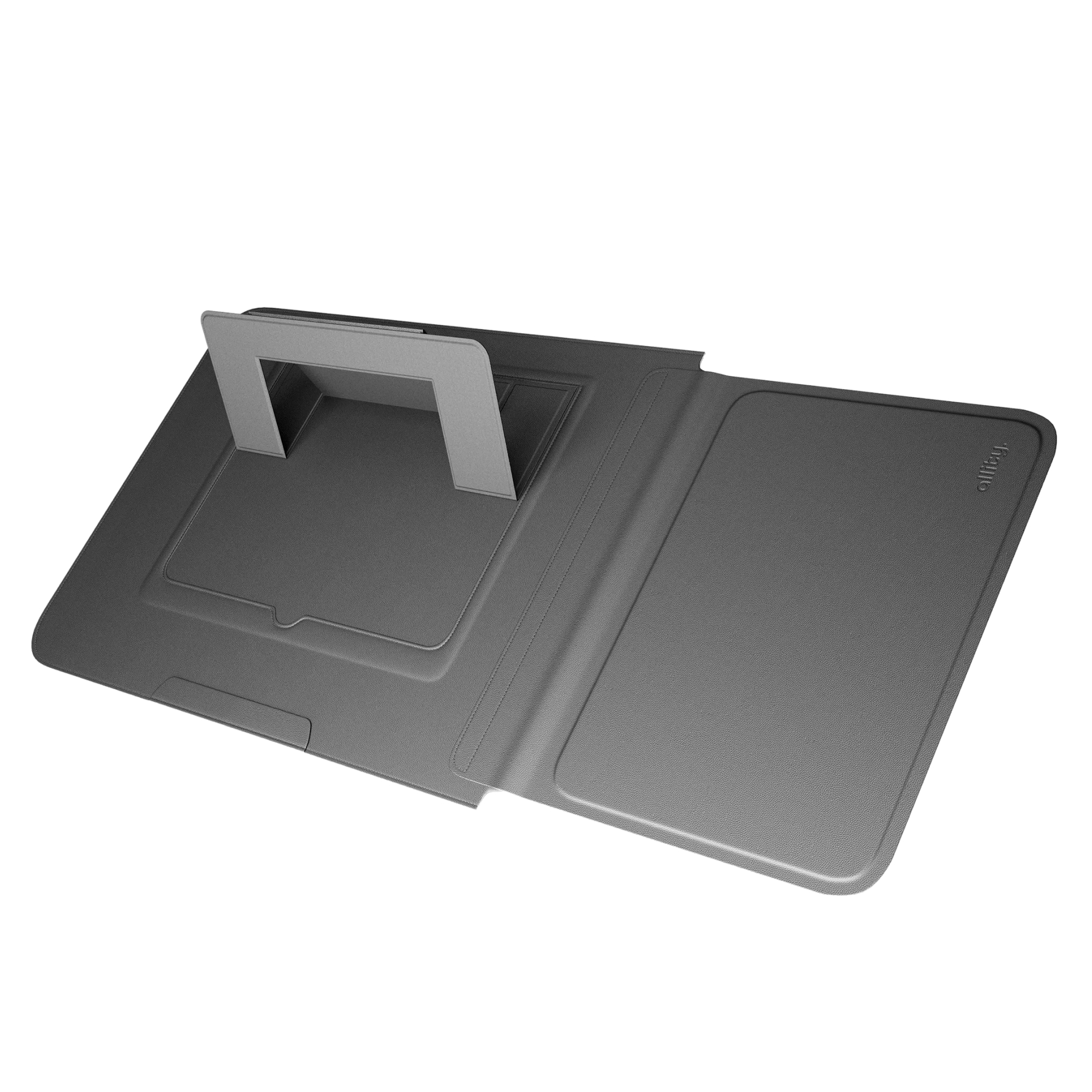 Szara osłona na tablet z wbudowaną podstawką, na białym tle.