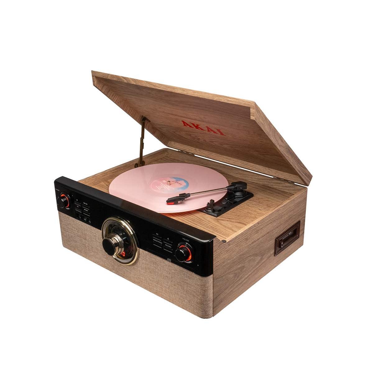 Drewniany gramofon z różową płytą winylową i ramieniem.