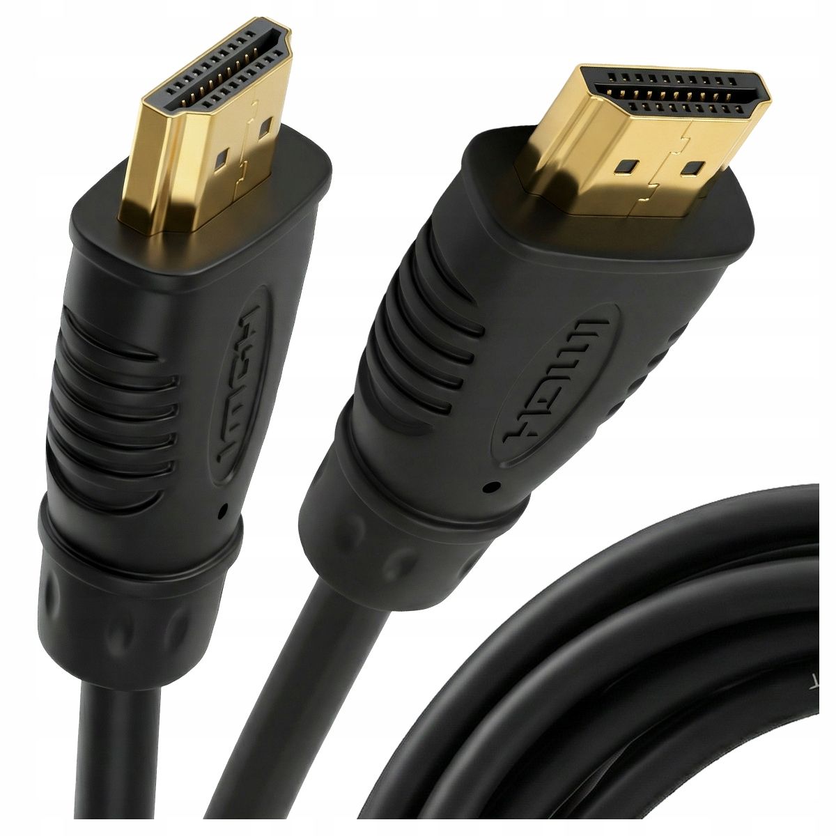Dwa czarne kable HDMI ze złotymi złączami na białym tle.