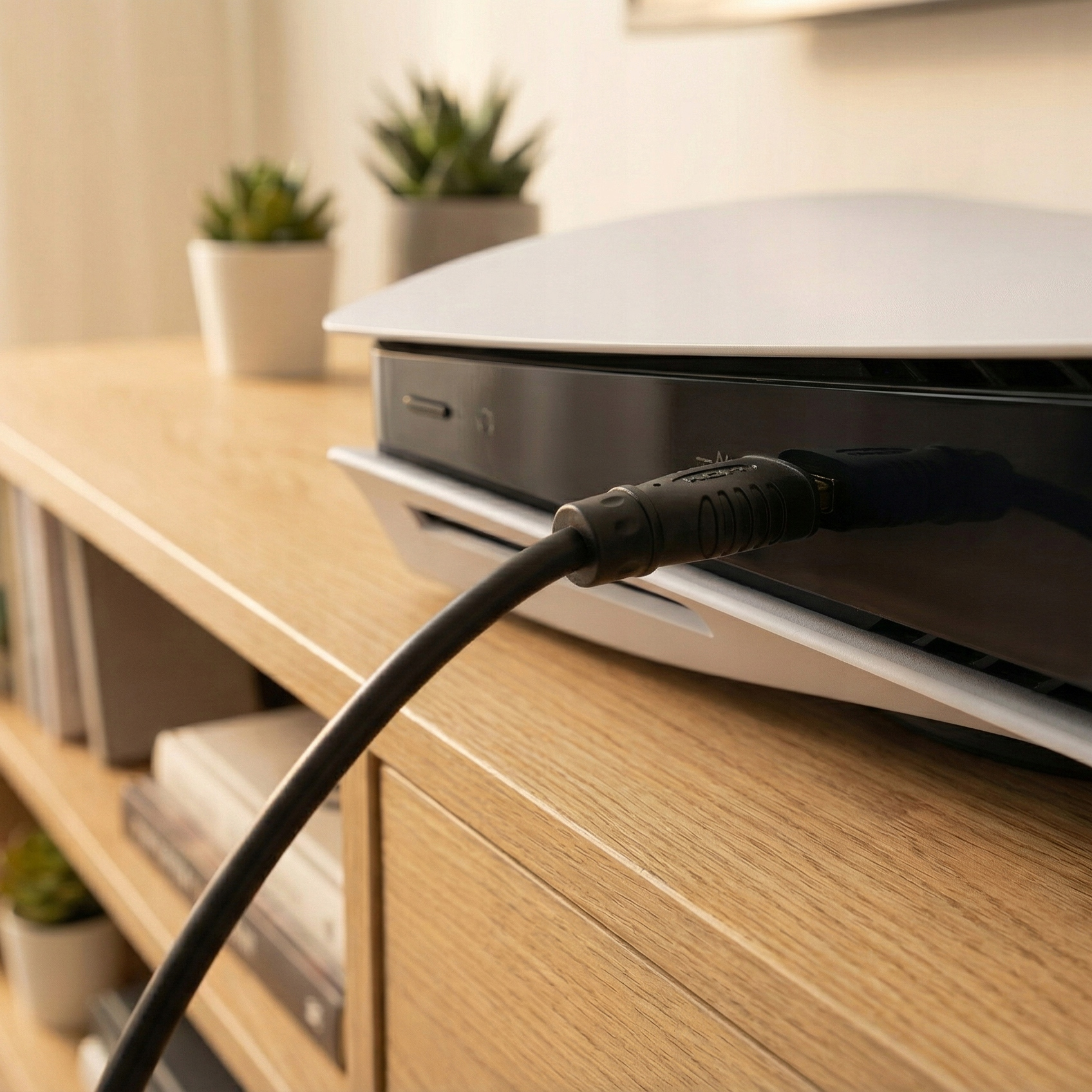 Czarny kabel jest podłączony do białej konsoli do gier.