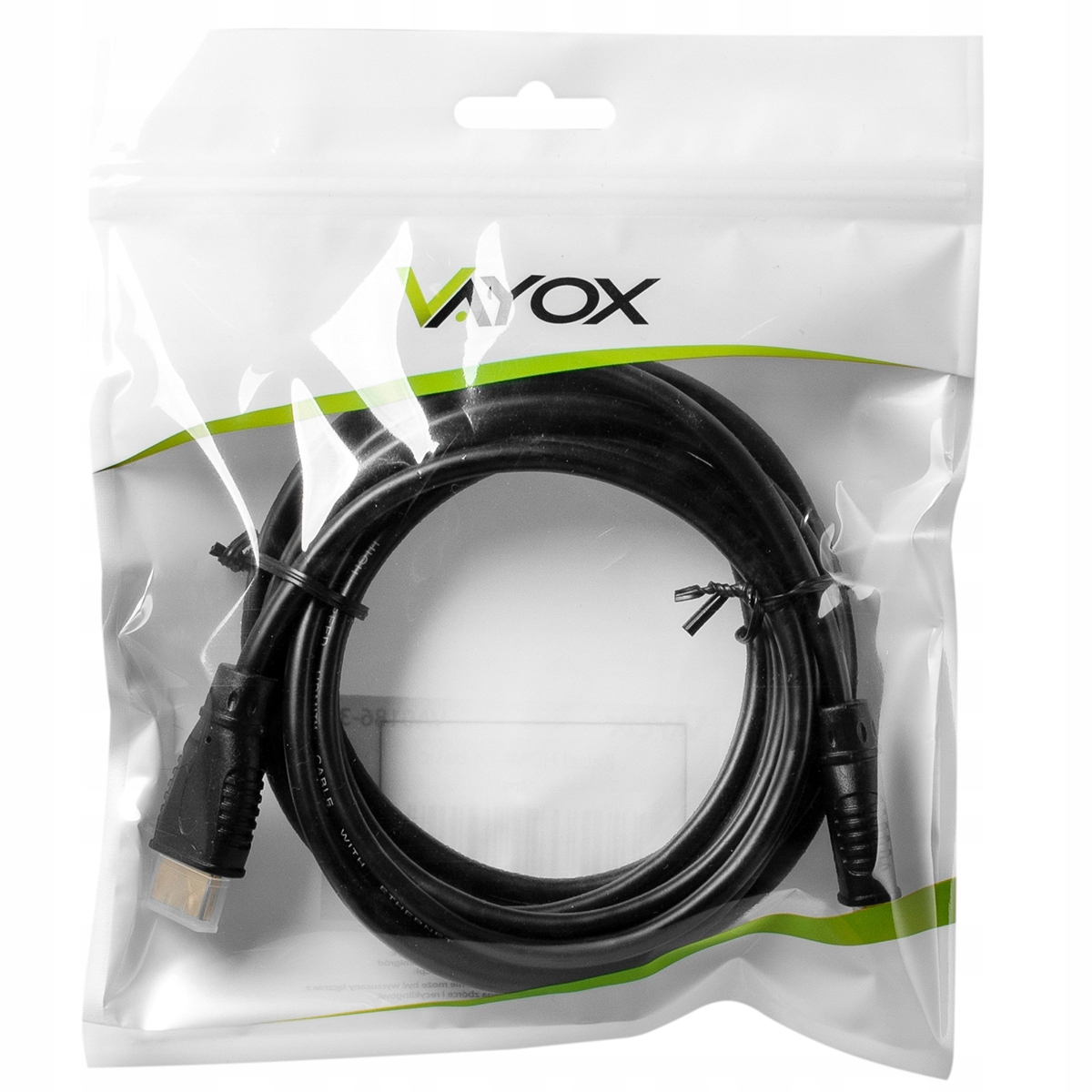 Czarny kabel HDMI ze złączami w przezroczystym opakowaniu.