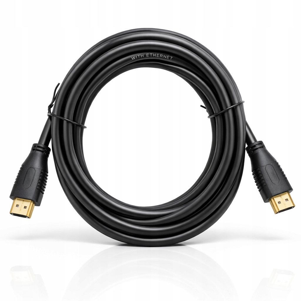 Czarny kabel HDMI z Ethernetem i złotymi złączami, zwinięty.