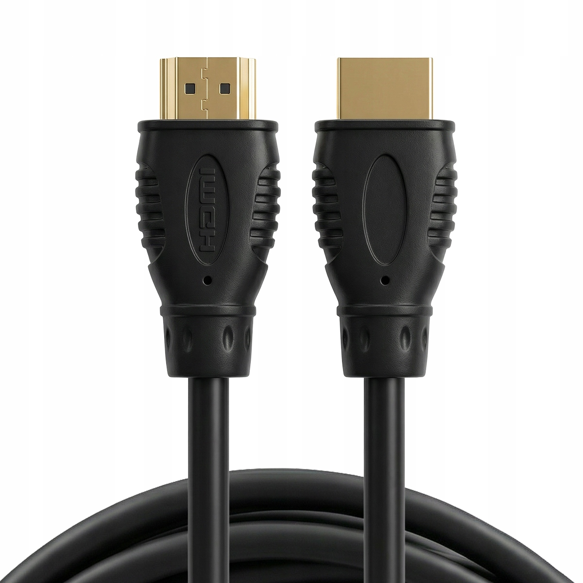 Dwa czarne kable HDMI ze złotymi złączami na białym tle.