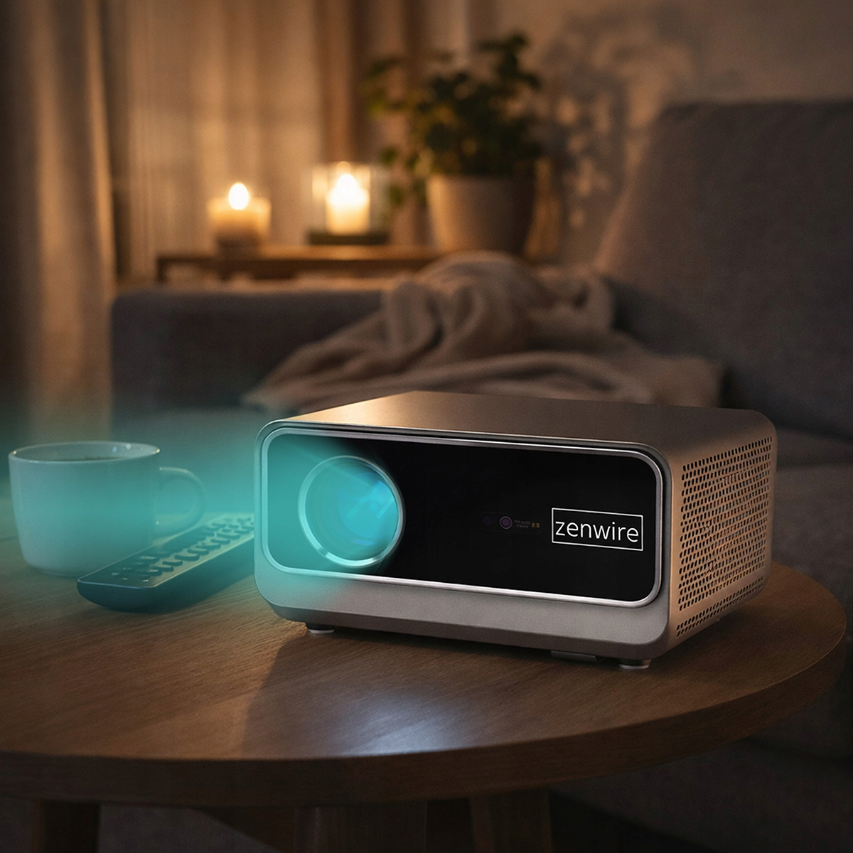 Projektor z logo Zenwire świeci na drewnianym stole. W pobliżu pilot i filiżanka.