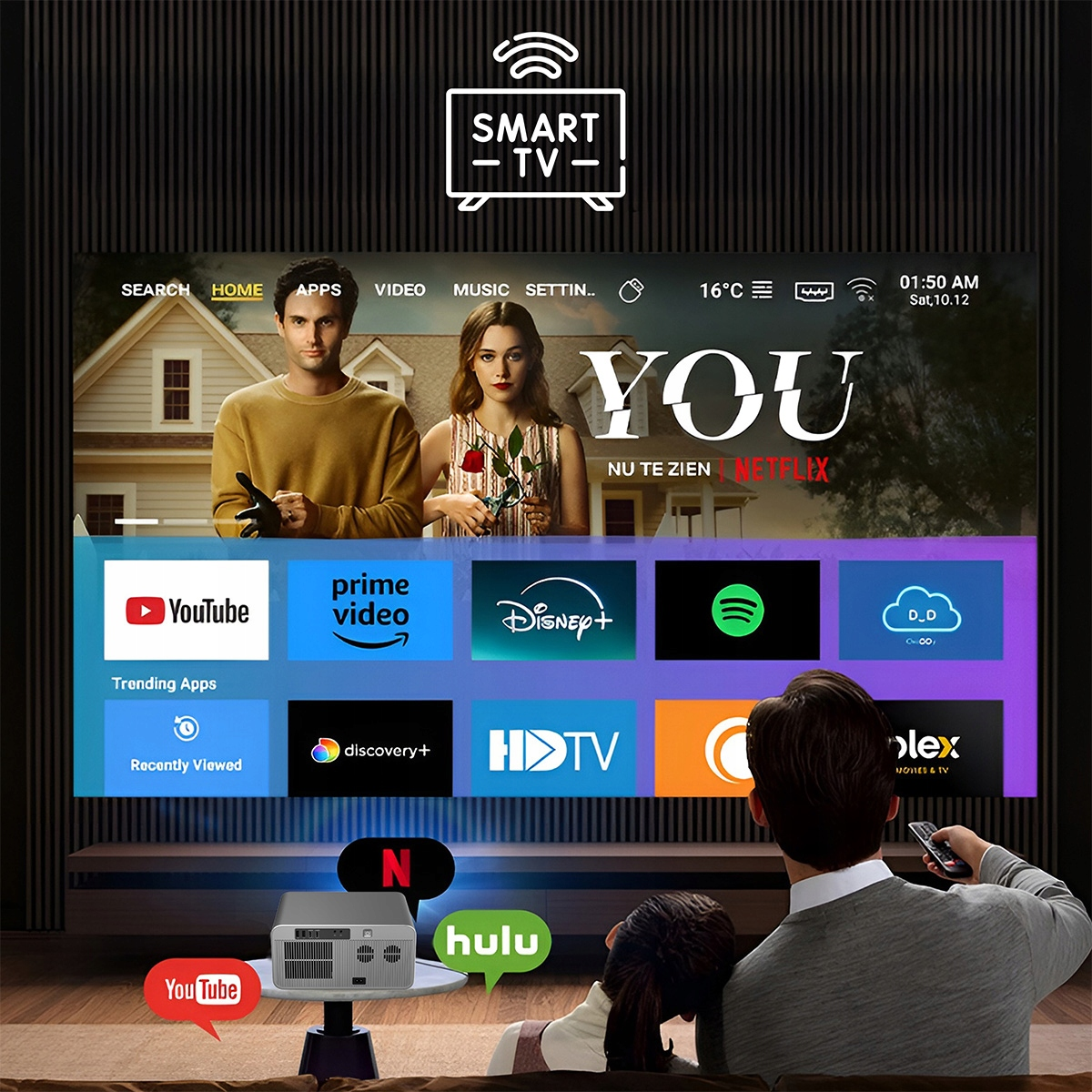 Para ogląda smart TV z ikonami aplikacji i plakatem filmowym.