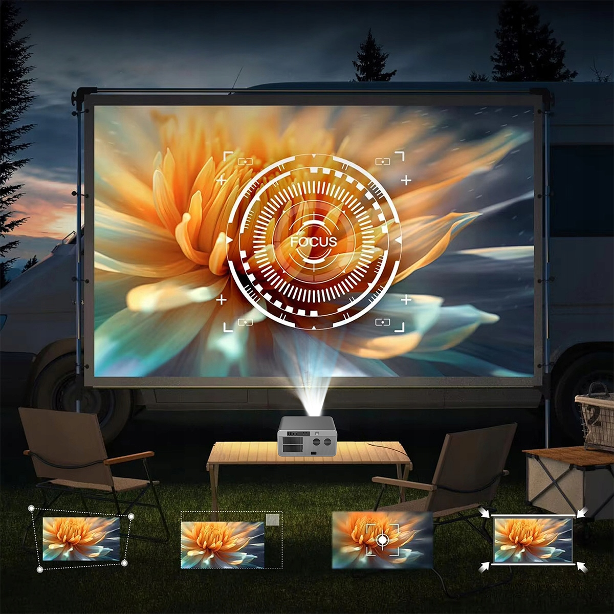 Projektor wyświetla obraz kwiatu na ekranie. Przed nim stoją krzesła i stół.