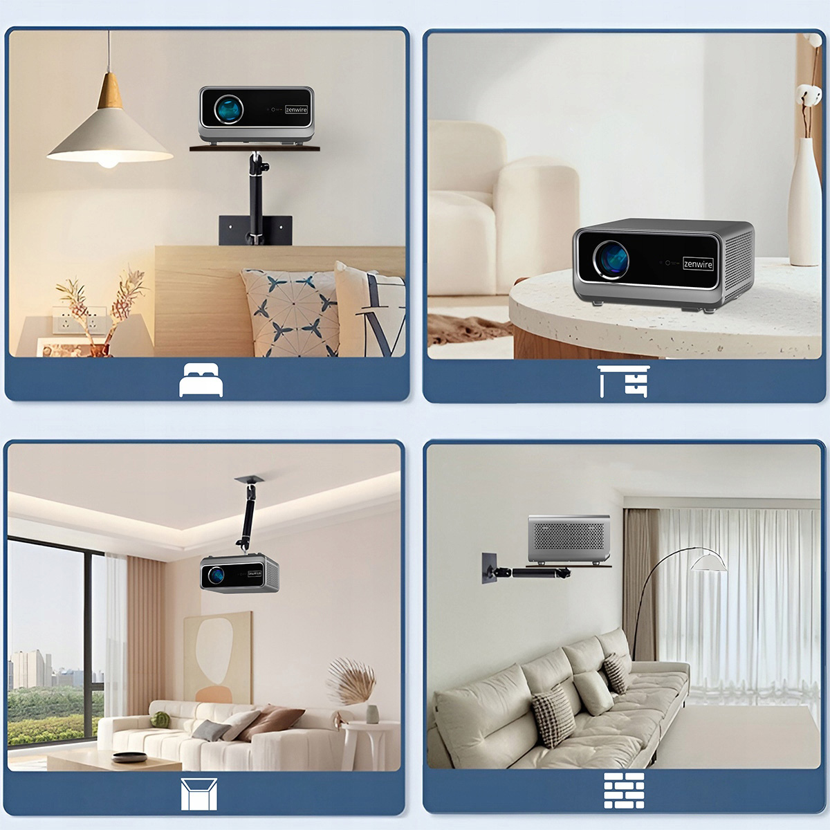 Projektor na uchwycie ściennym nad łóżkiem, na stole, na suficie, ścianie obok sofy.