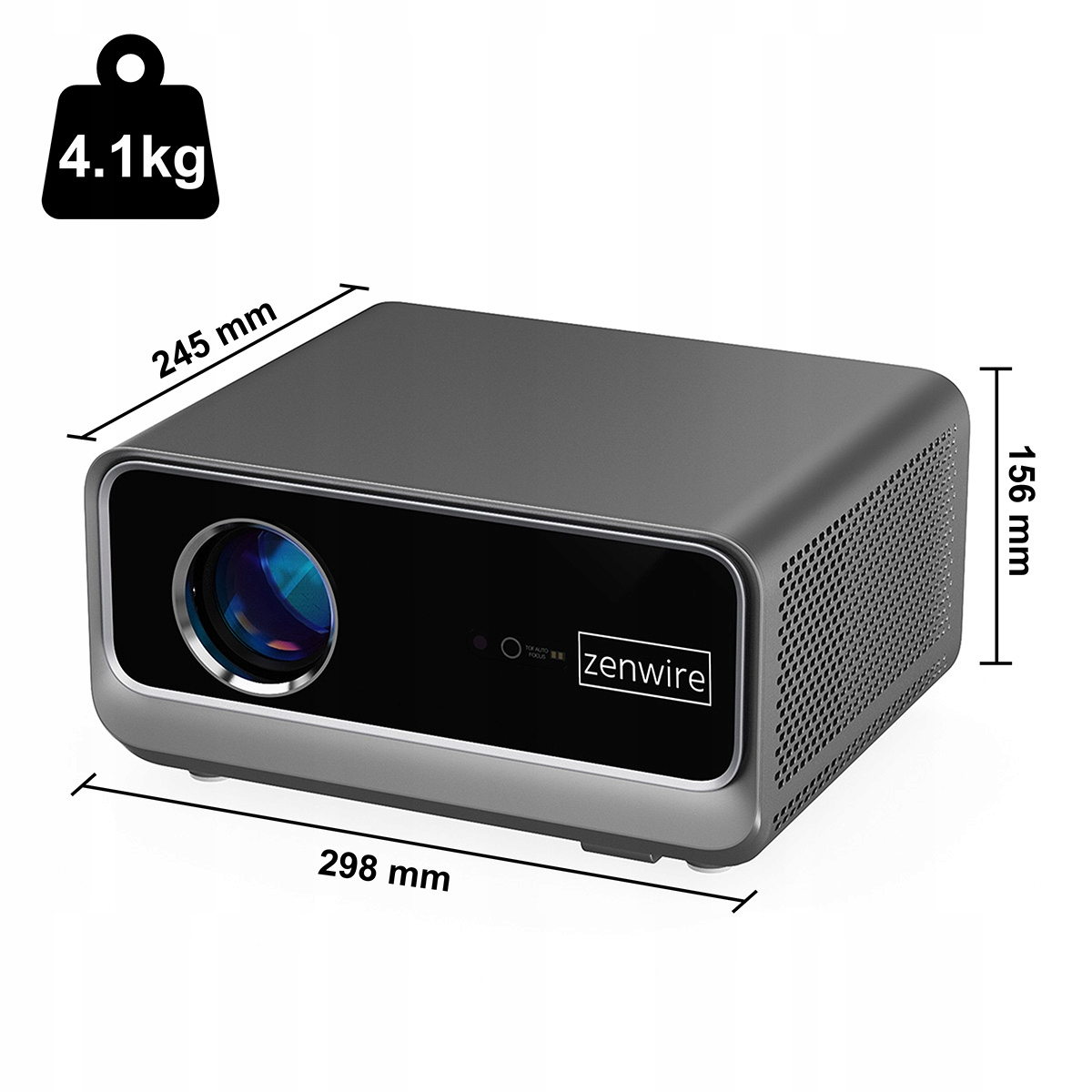 Szary projektor o wymiarach: szerokość 245mm, wysokość 156mm, głębokość 298mm. Waga 4.1kg.