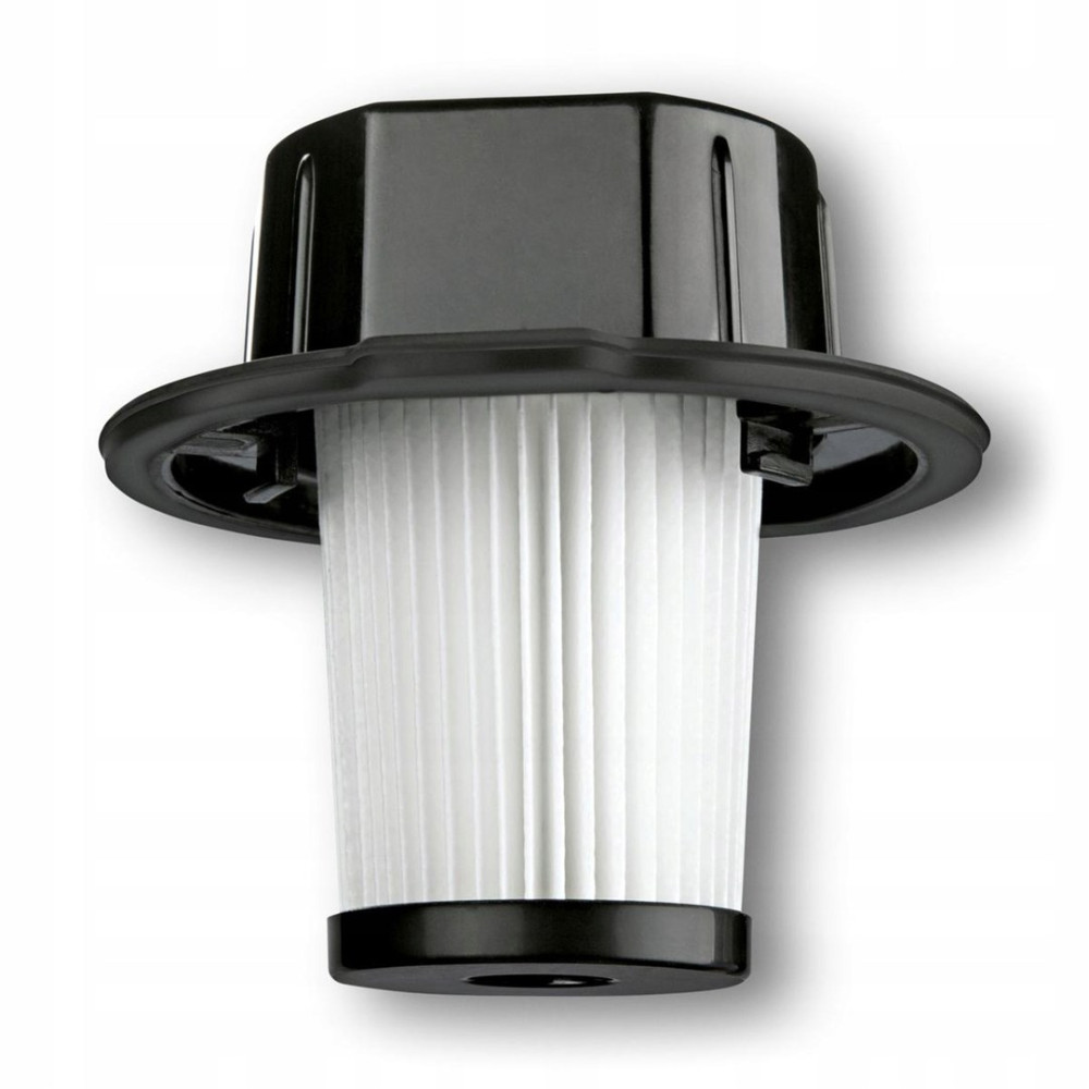 Okrągły, biały filtr z czarną nasadką i czarną podstawą.