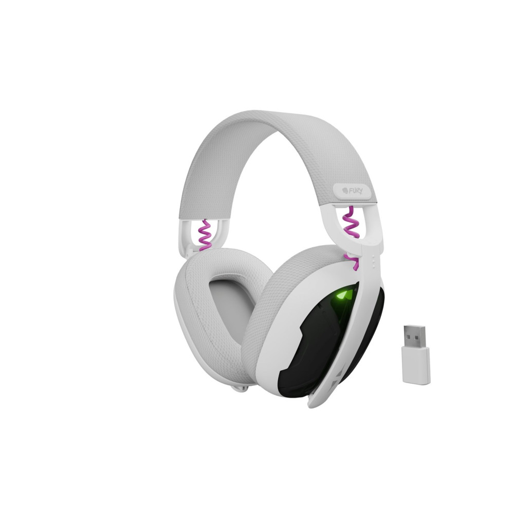 Cuffie da gaming bianche con accenti viola e un dongle USB.