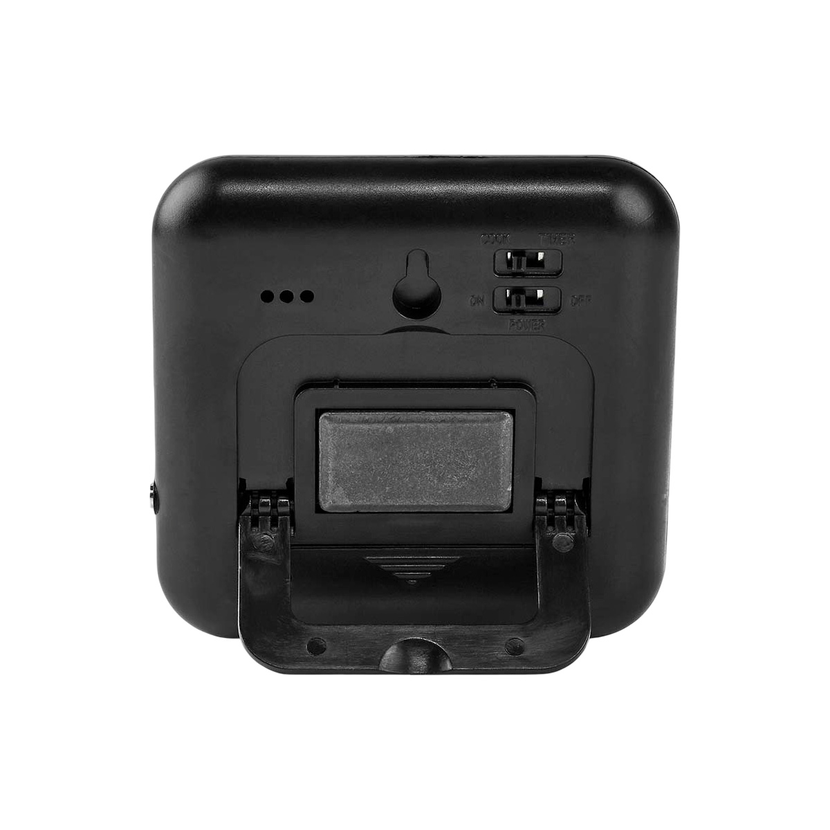 Tył czarnego timera z magnesem i podstawką.