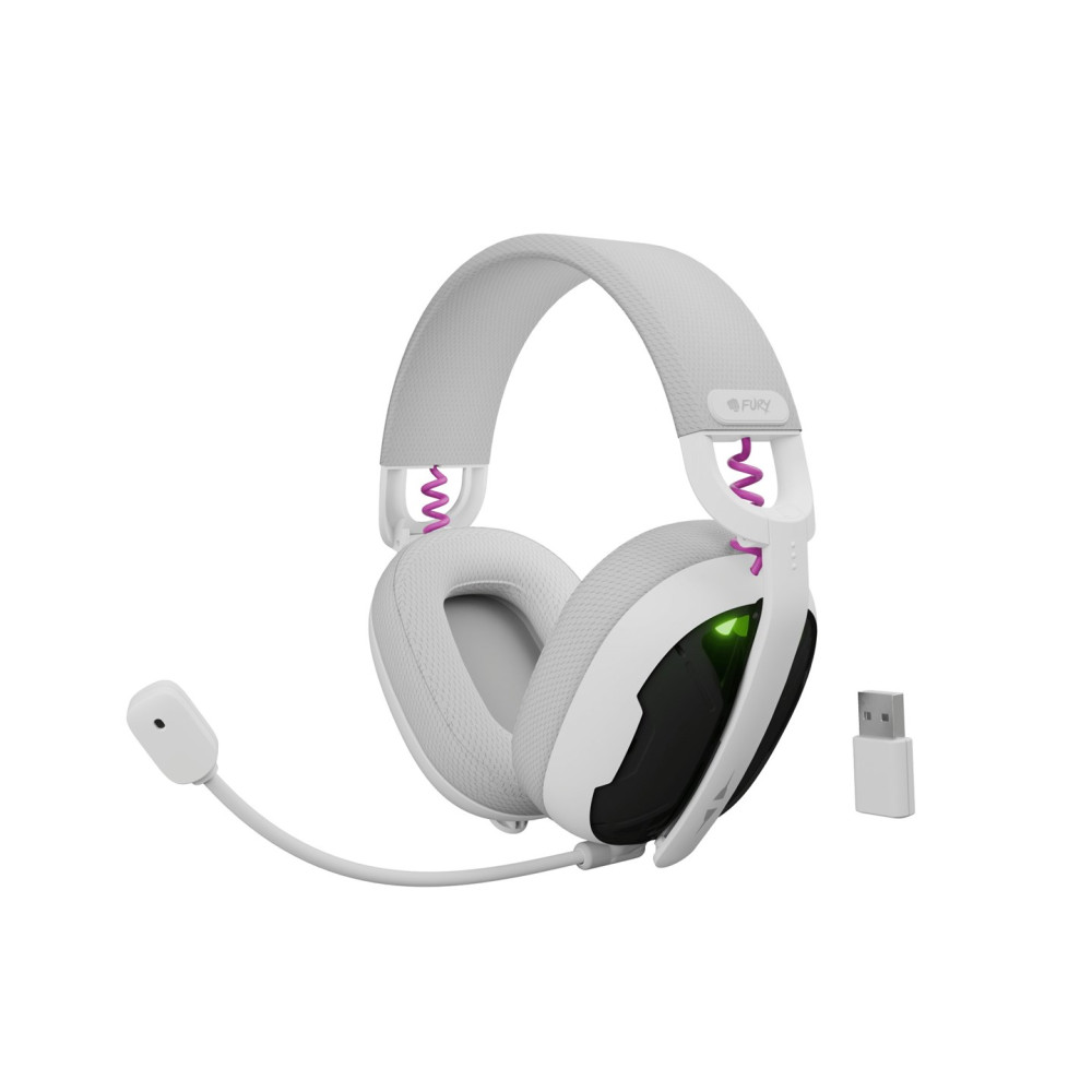 Cuffie gaming bianche con microfono e dongle USB, accenti viola.