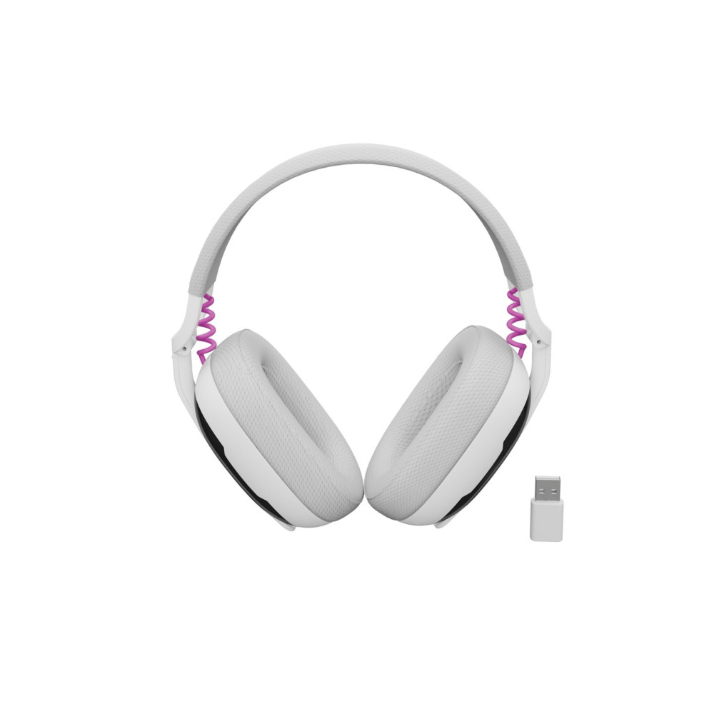 Cuffie wireless bianche con accenti rosa e dongle USB.