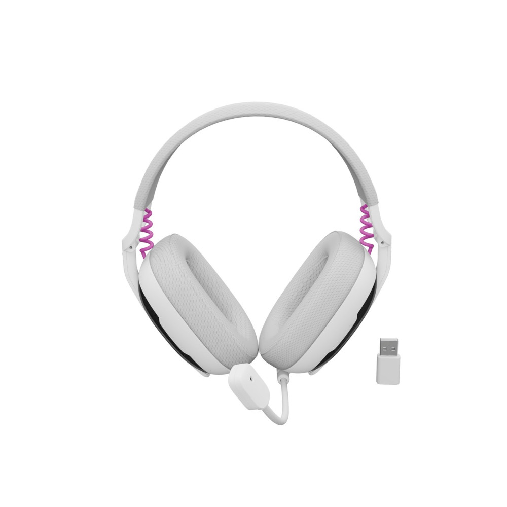 Cuffie bianche con microfono e dongle USB.