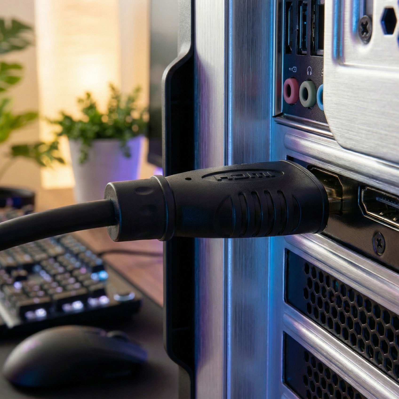 Czarny kabel HDMI podłączony do portu komputera. Widoczna klawiatura i mysz.