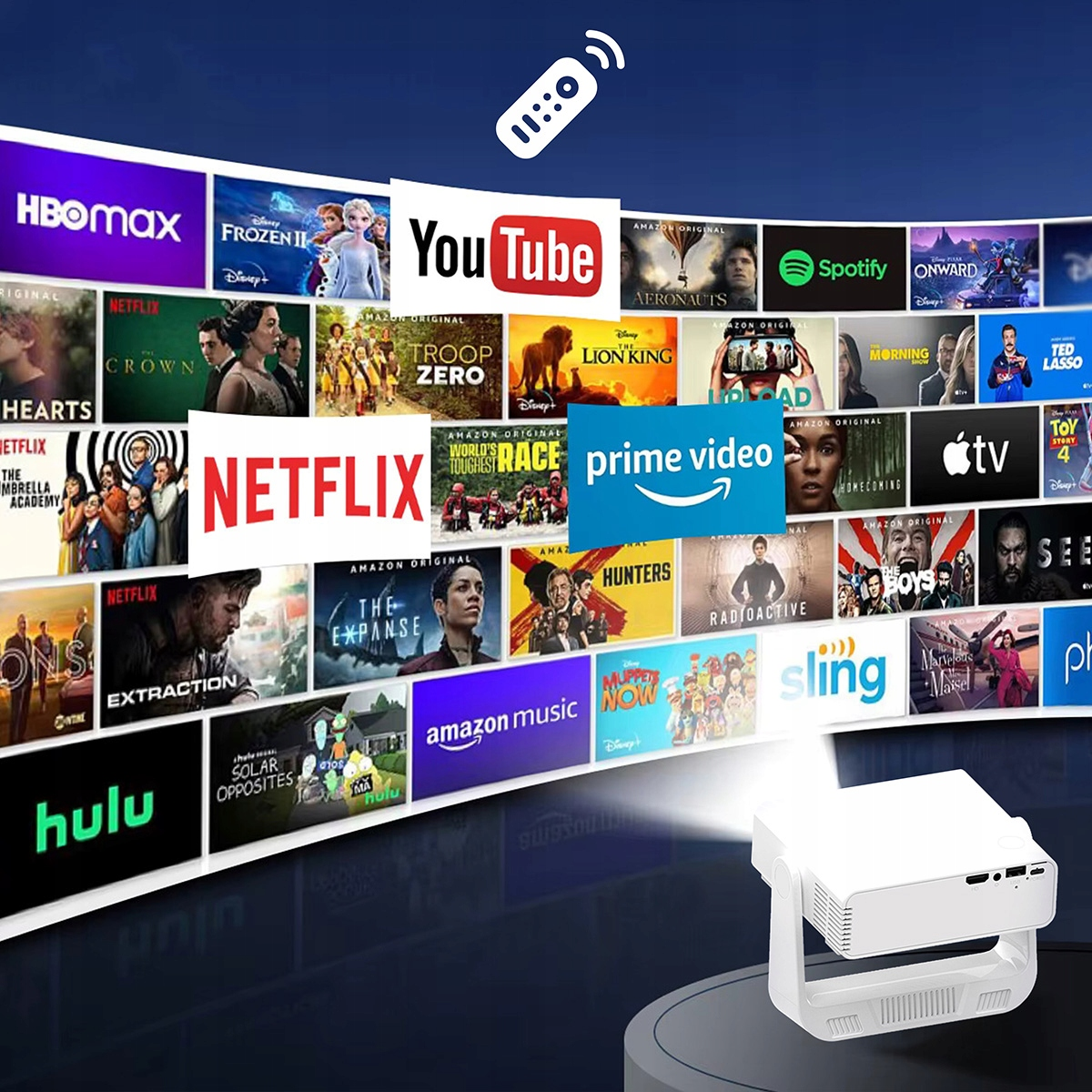 Biały projektor wyświetla kolorowy kolaż serwisów streamingowych, takich jak Netflix, YouTube, Prime Video.