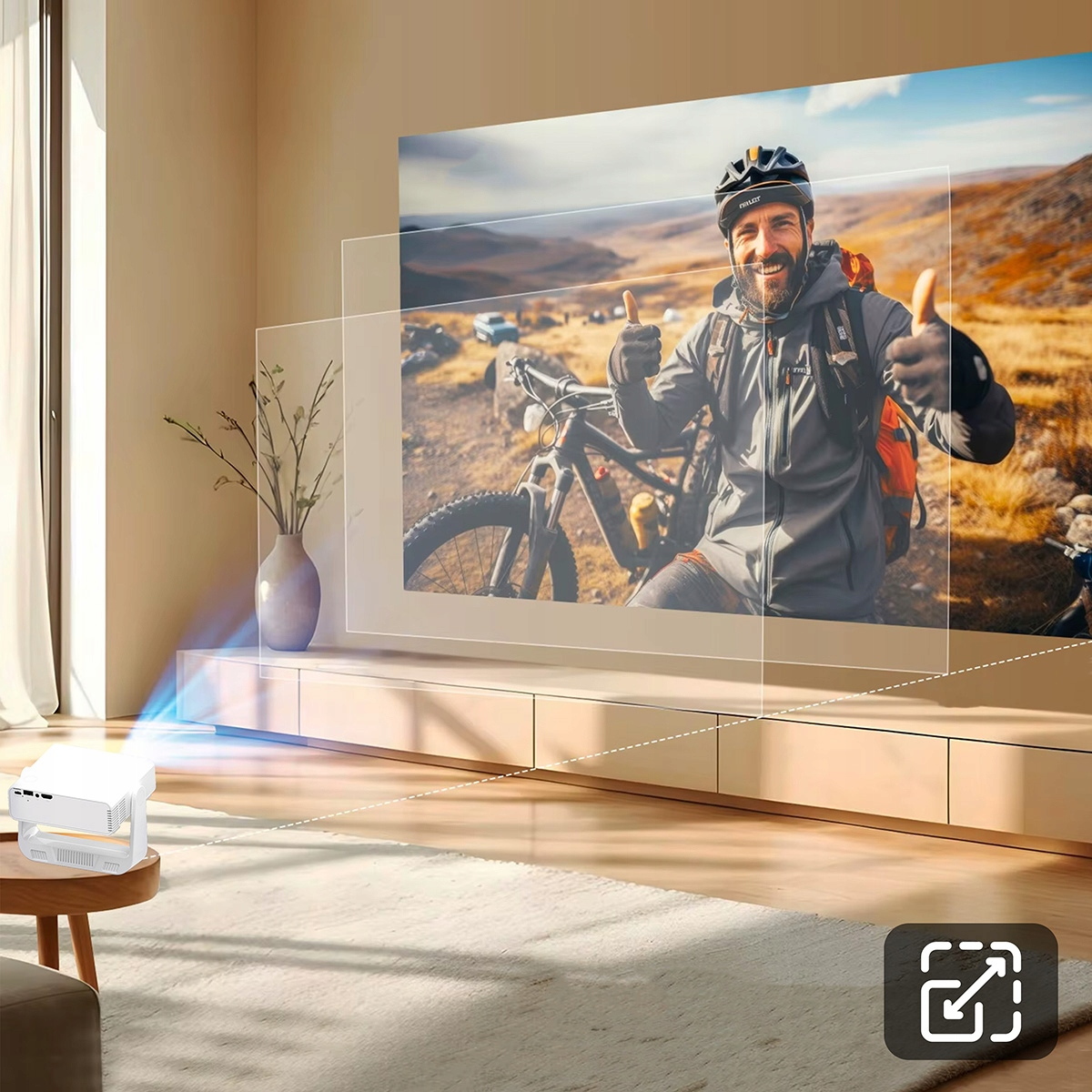 Mężczyzna w kasku kciuk w górę przed rowerem. Projektor wyświetla obraz.