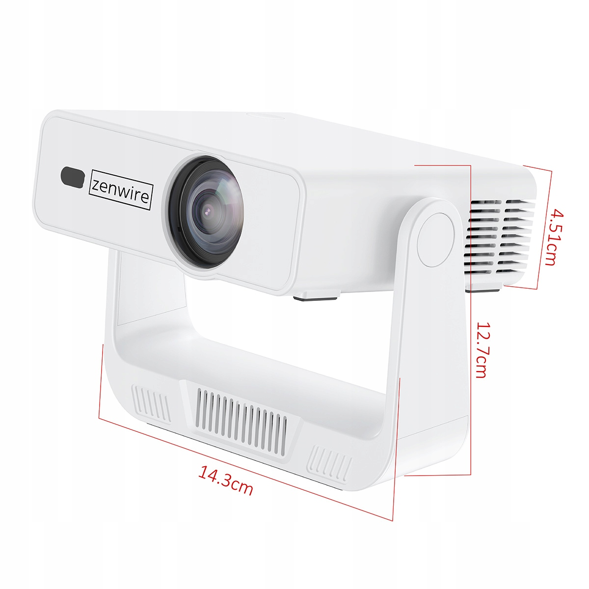 Biały projektor Zenwire z otworami wentylacyjnymi i oznaczeniami wymiarów.