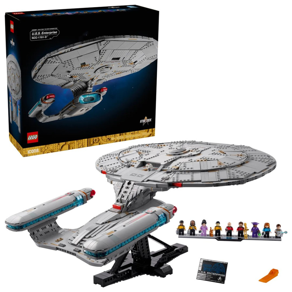 Model LEGO Star Trek U.S.S. Enterprise z figurkami i pudełkiem.