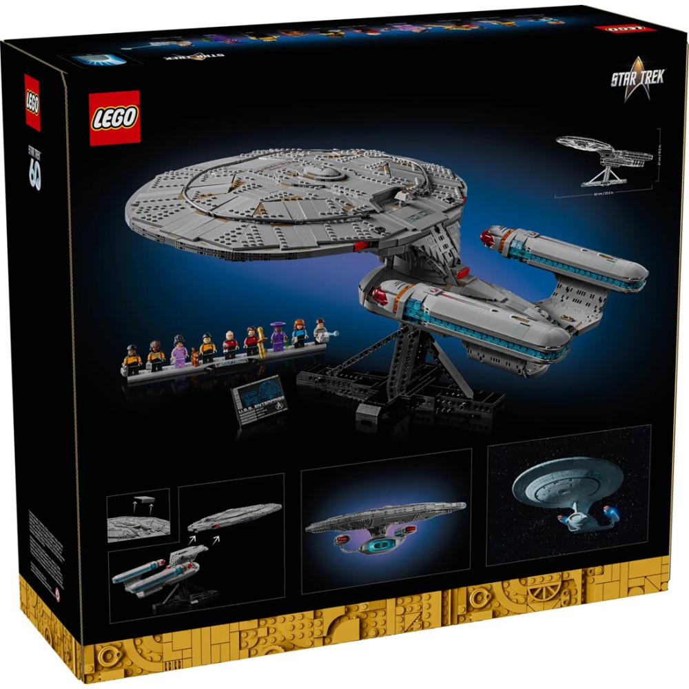 Model LEGO Star Trek Enterprise z minifigurkami i akcesoriami na ciemnym tle.