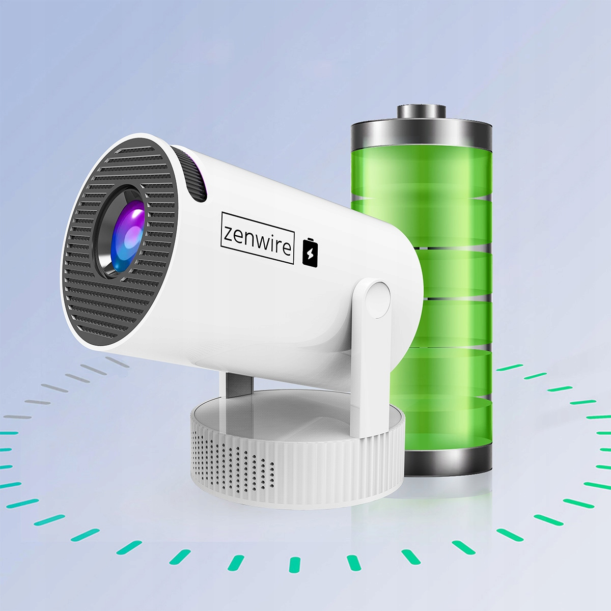 Biały projektor obok zielonego wskaźnika baterii.