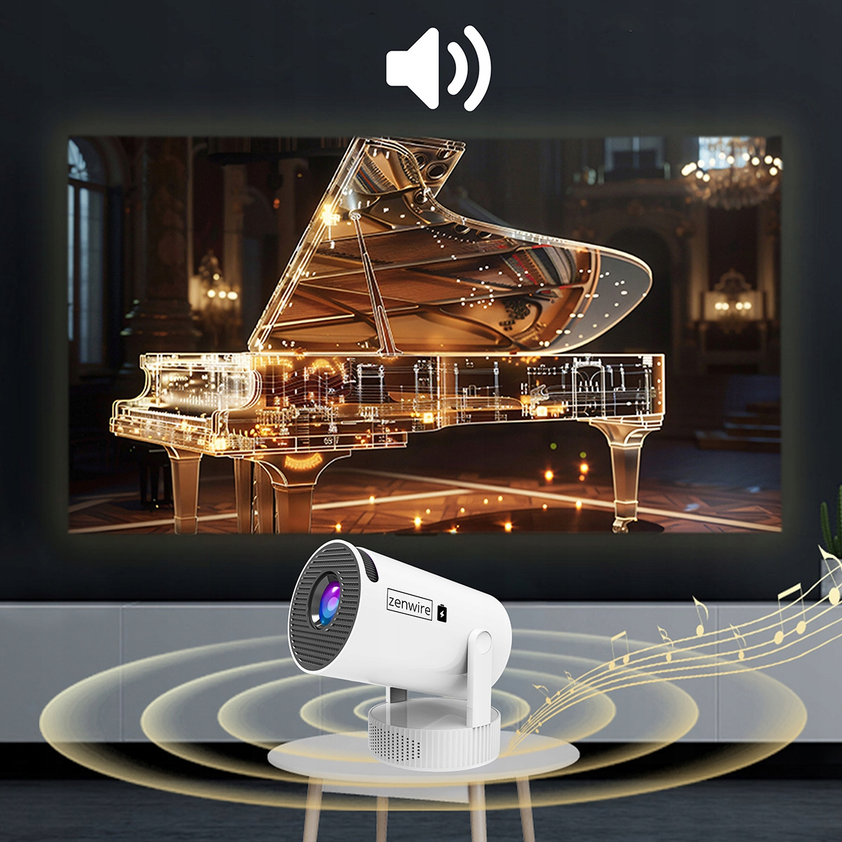 Biały projektor stoi na stole, wyświetlając przezroczyste pianino grand.