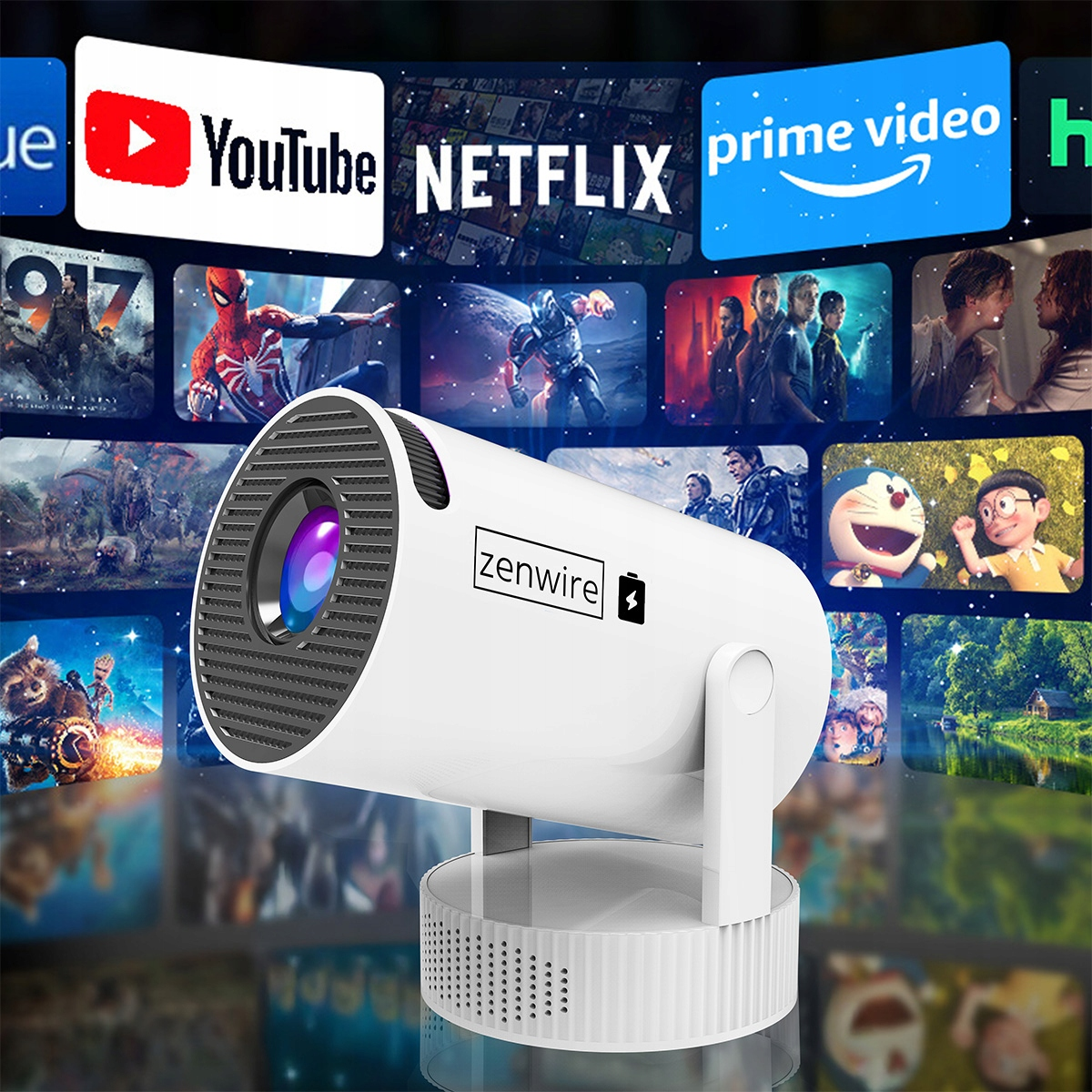 Biały projektor na pierwszym planie z logotypami serwisów streamingowych, jak YouTube i Netflix w tle.