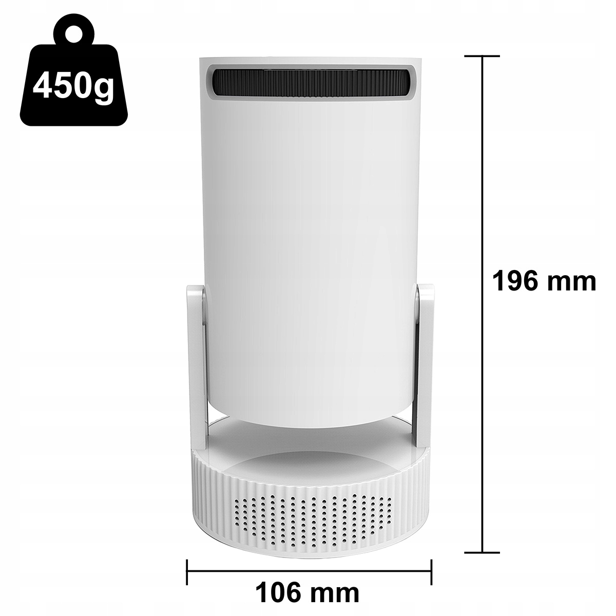 Biały, cylindryczny oczyszczacz powietrza z perforowaną podstawą.