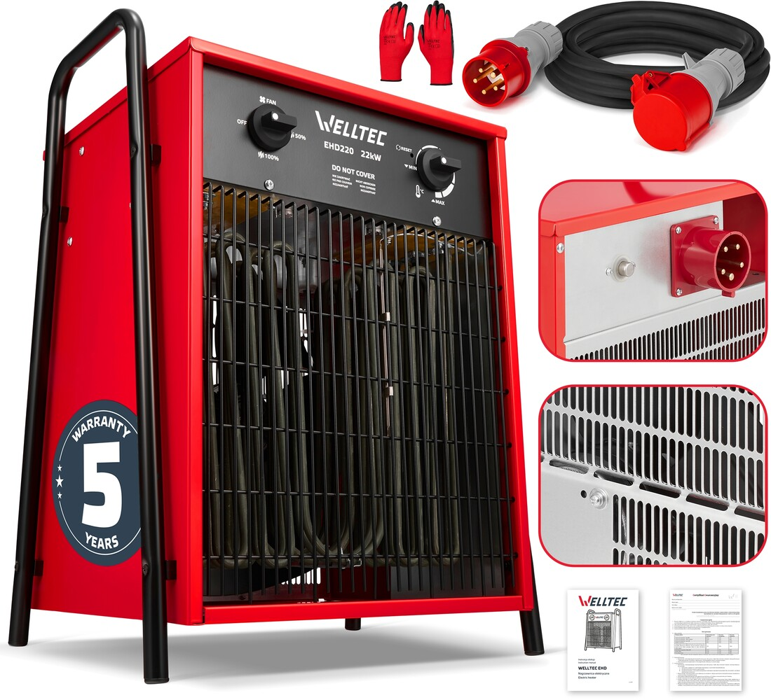 Czerwony grzejnik wentylatorowy WELLTEC z czarną kratką, kablem i rękawicami.