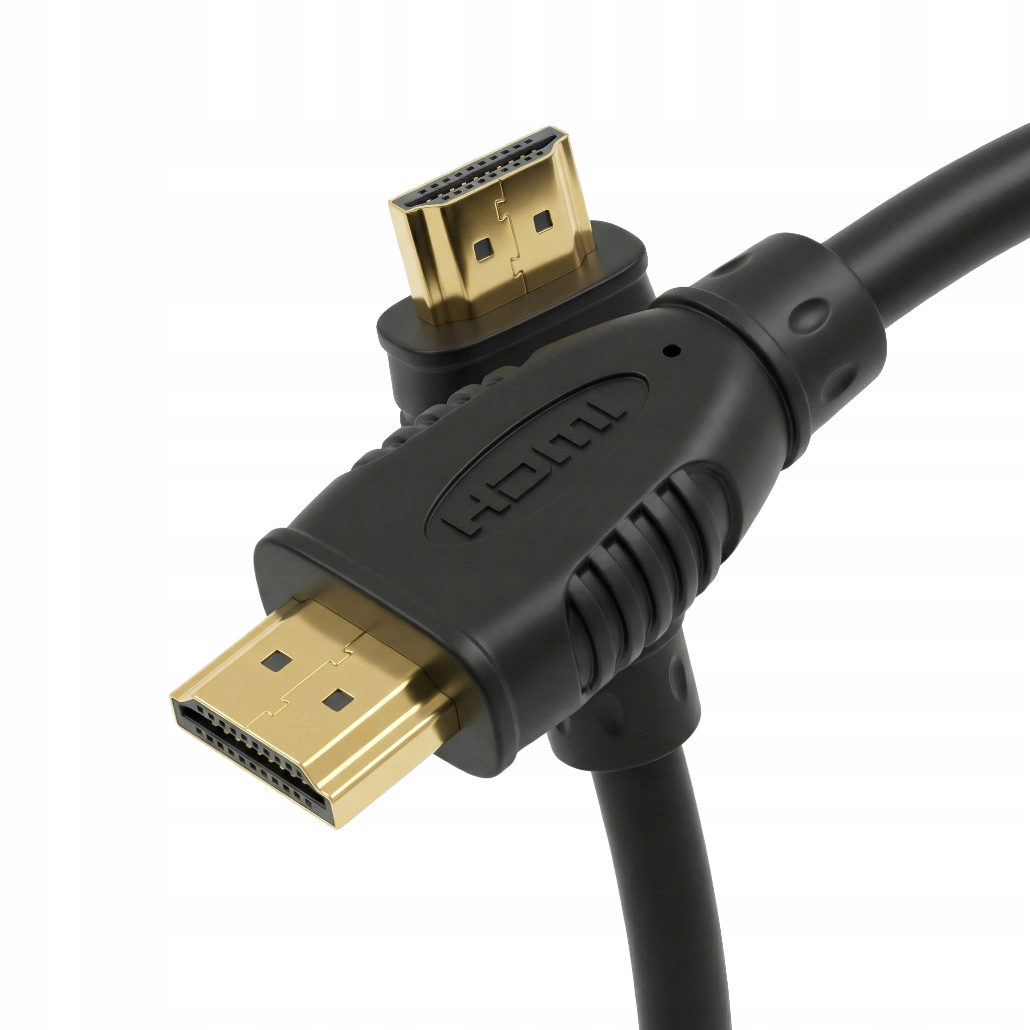 Czarny kabel HDMI ze złotymi złączami, na białym tle.