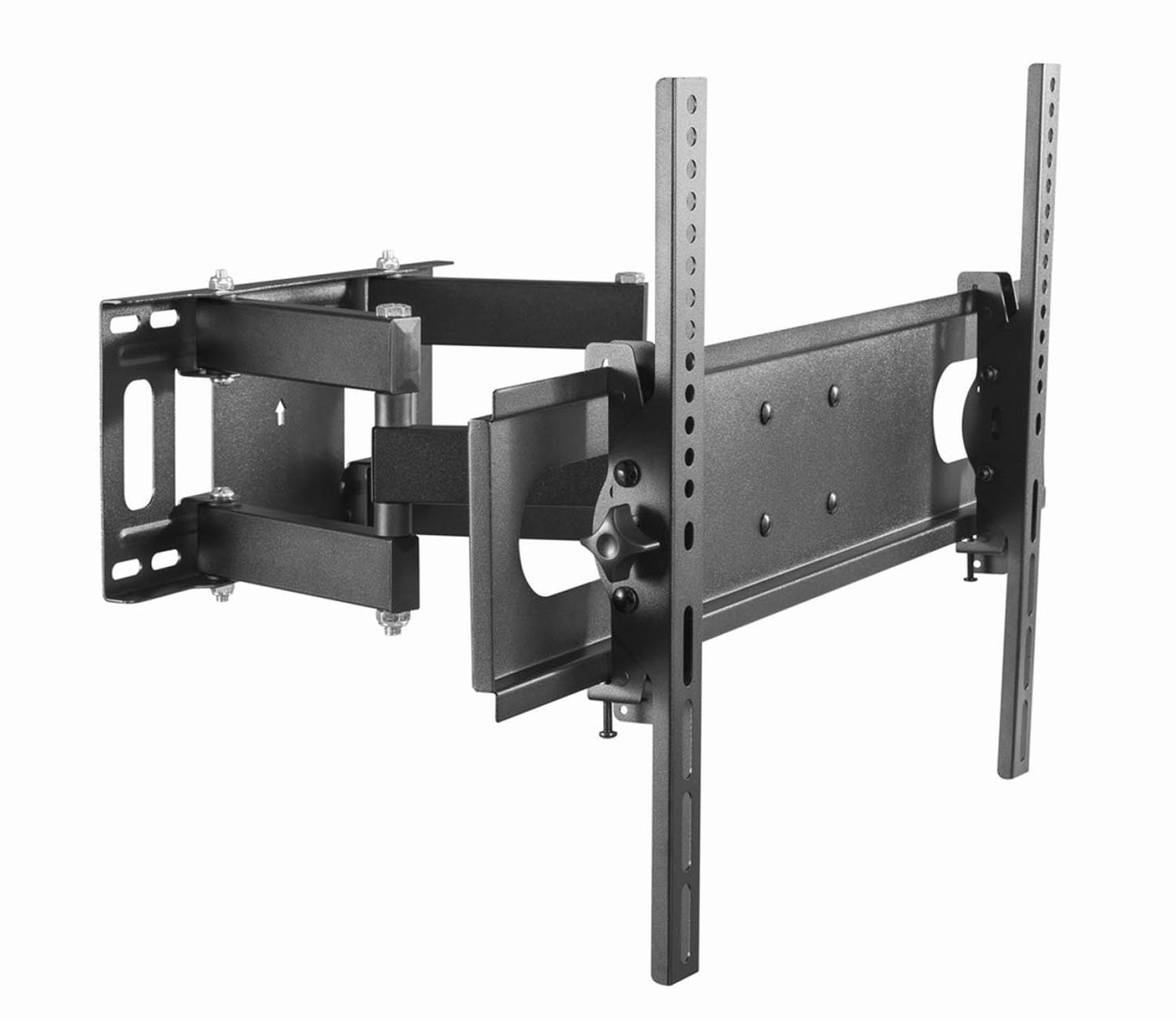 Un support mural TV noir réglable avec bras extensible et plaques pivotantes.