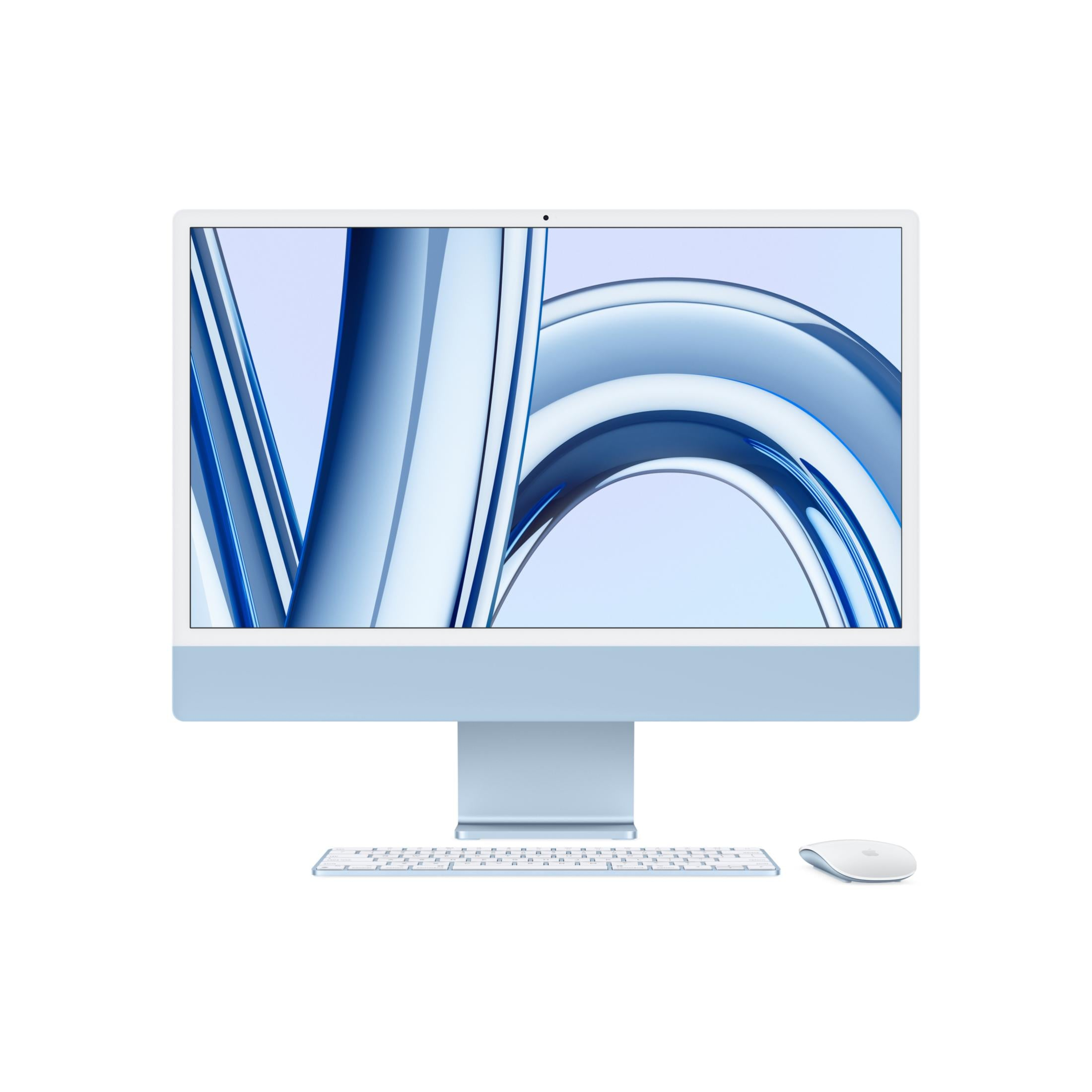 Ein hellblaues iMac-Display mit Tastatur und Maus auf weißem Hintergrund.