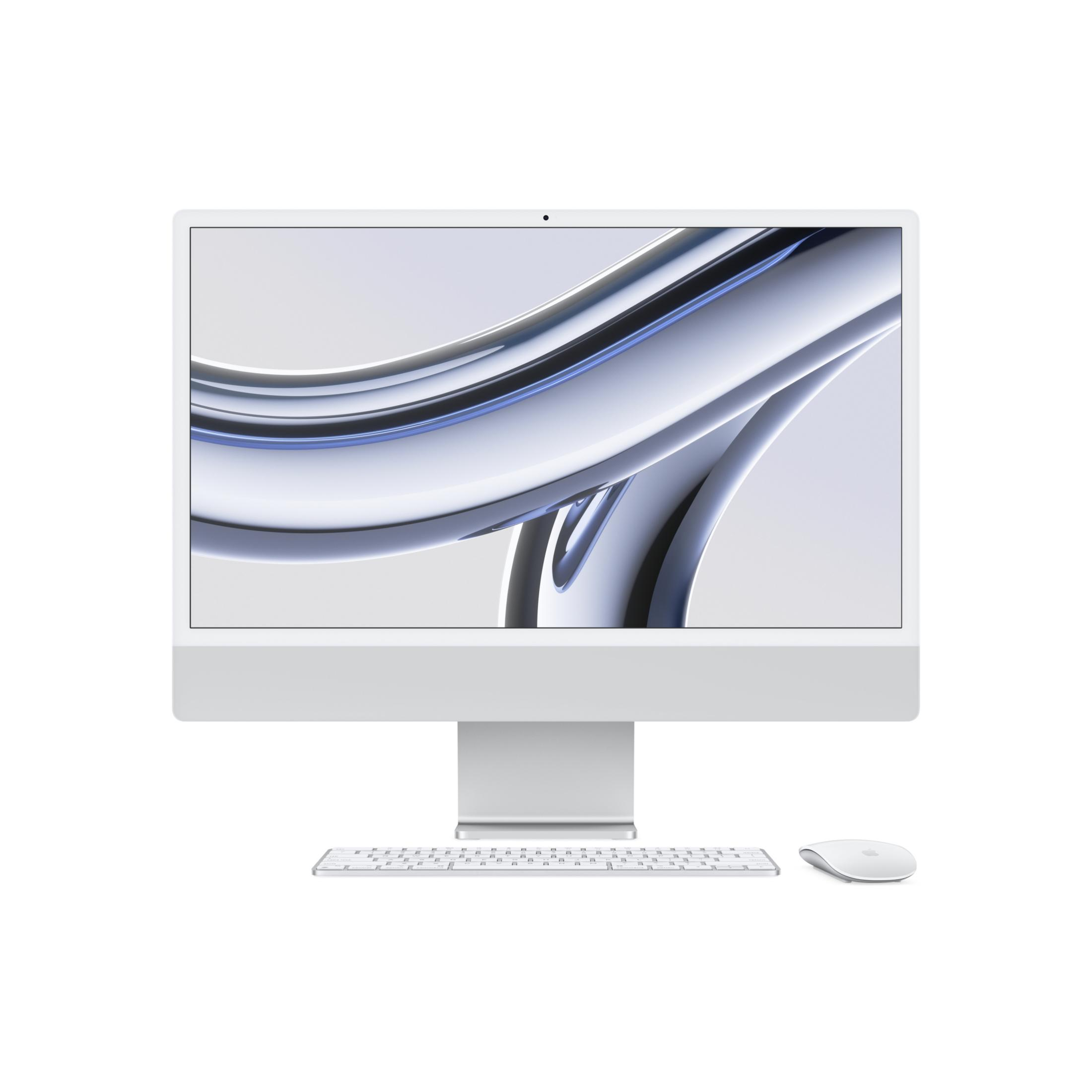 Ein weißer iMac mit Tastatur und Maus auf weißem Hintergrund.