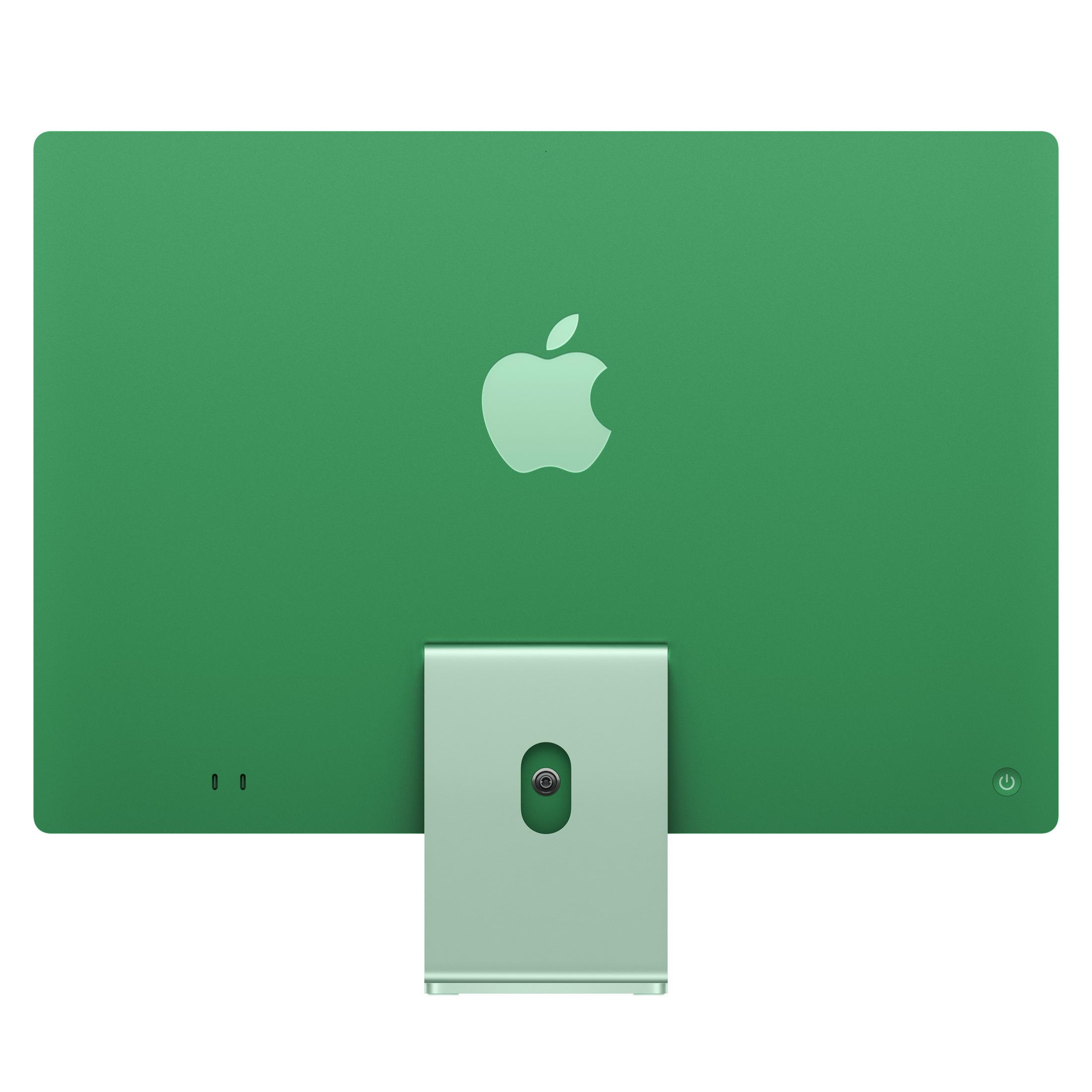 iMac verde con logo Apple e supporto.
