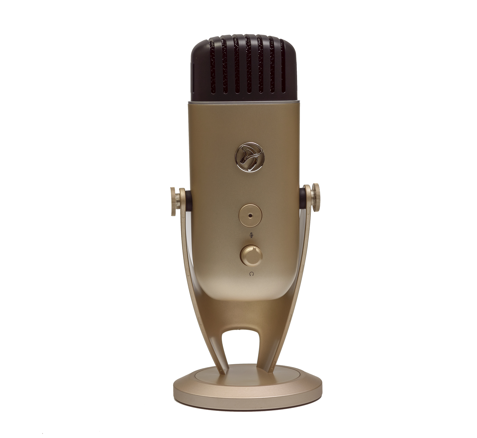 Een gouden microfoon met zwarte grille bovenkant en bedieningsknoppen.