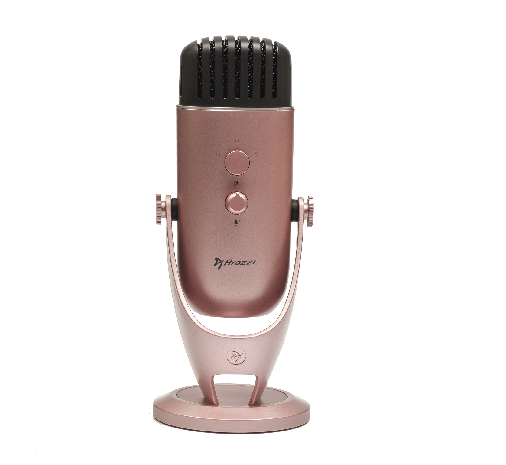 Een roségouden microfoon op een standaard tegen een witte achtergrond.