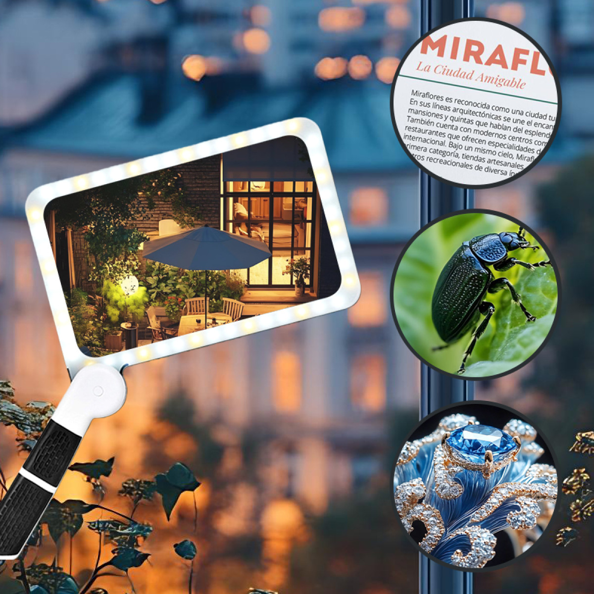 Zielony chrząszcz na liściu, pierścionek z niebieskim kamieniem i ogród.