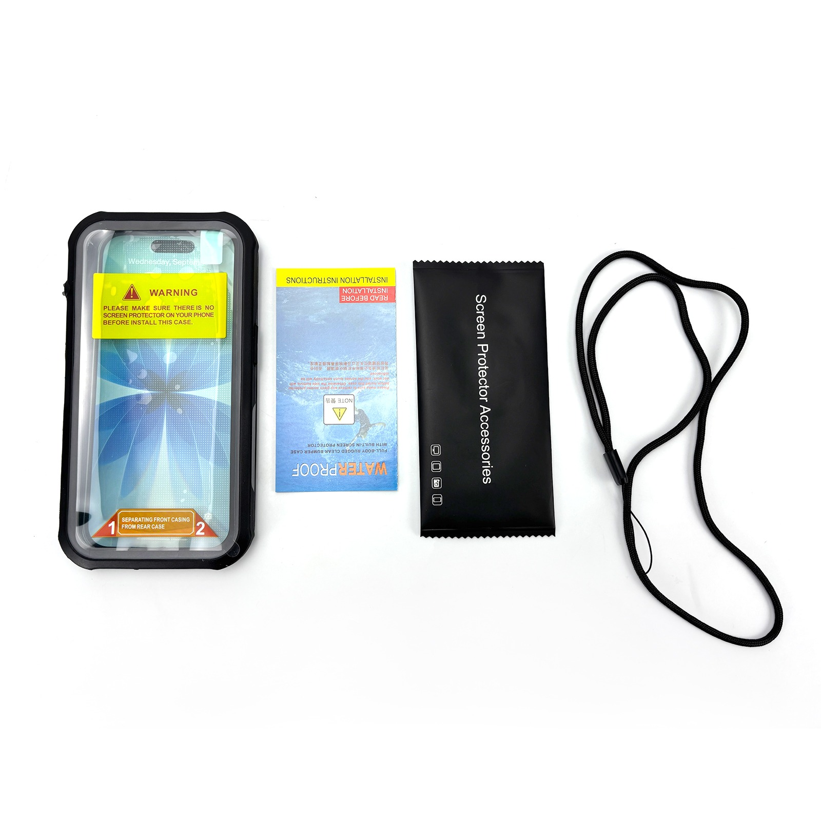 Wodoodporny zestaw etui na telefon z instrukcją, ściereczką i smyczą.