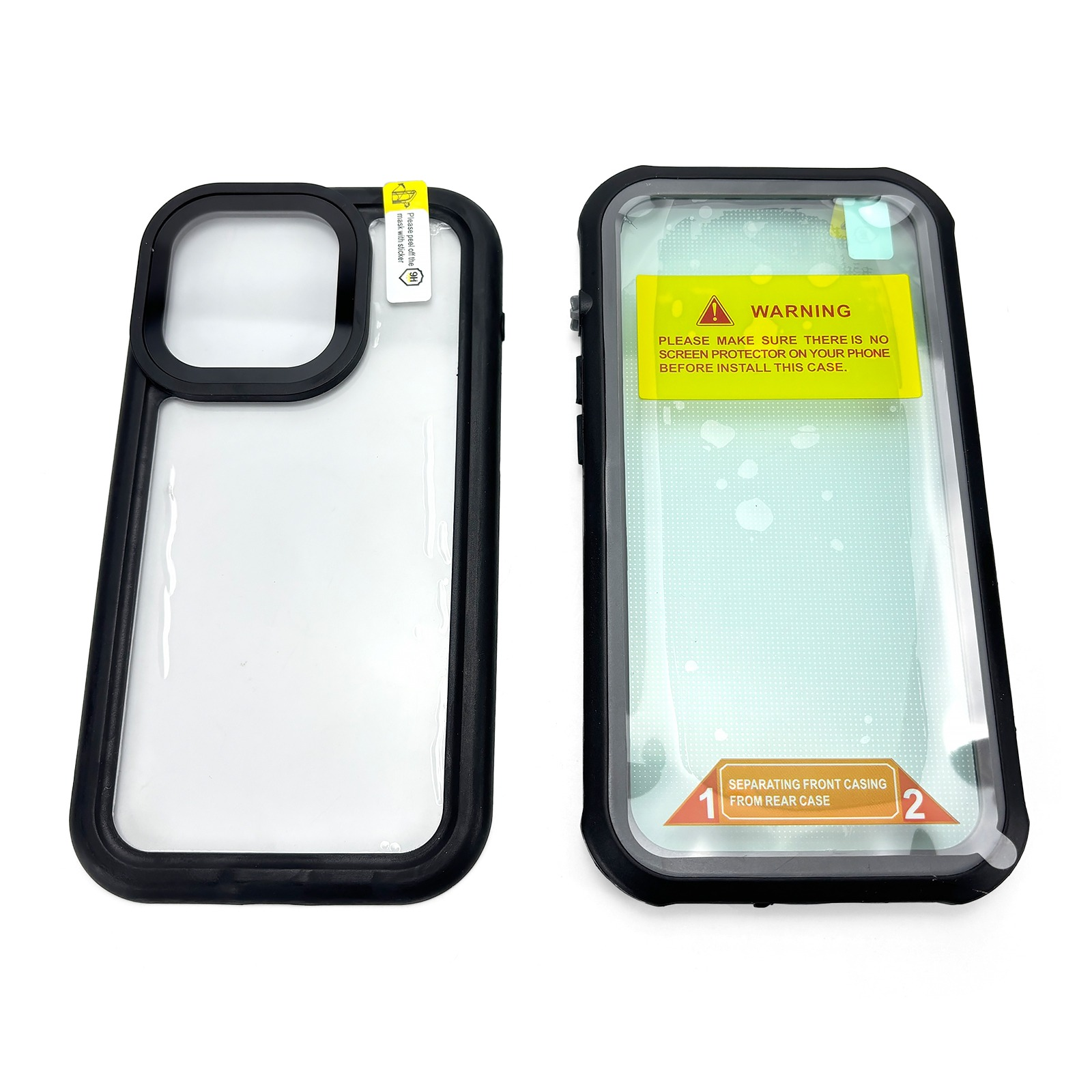 Dwa przezroczyste etui na telefon z czarnymi krawędziami, jedno z etykietą ostrzegawczą.