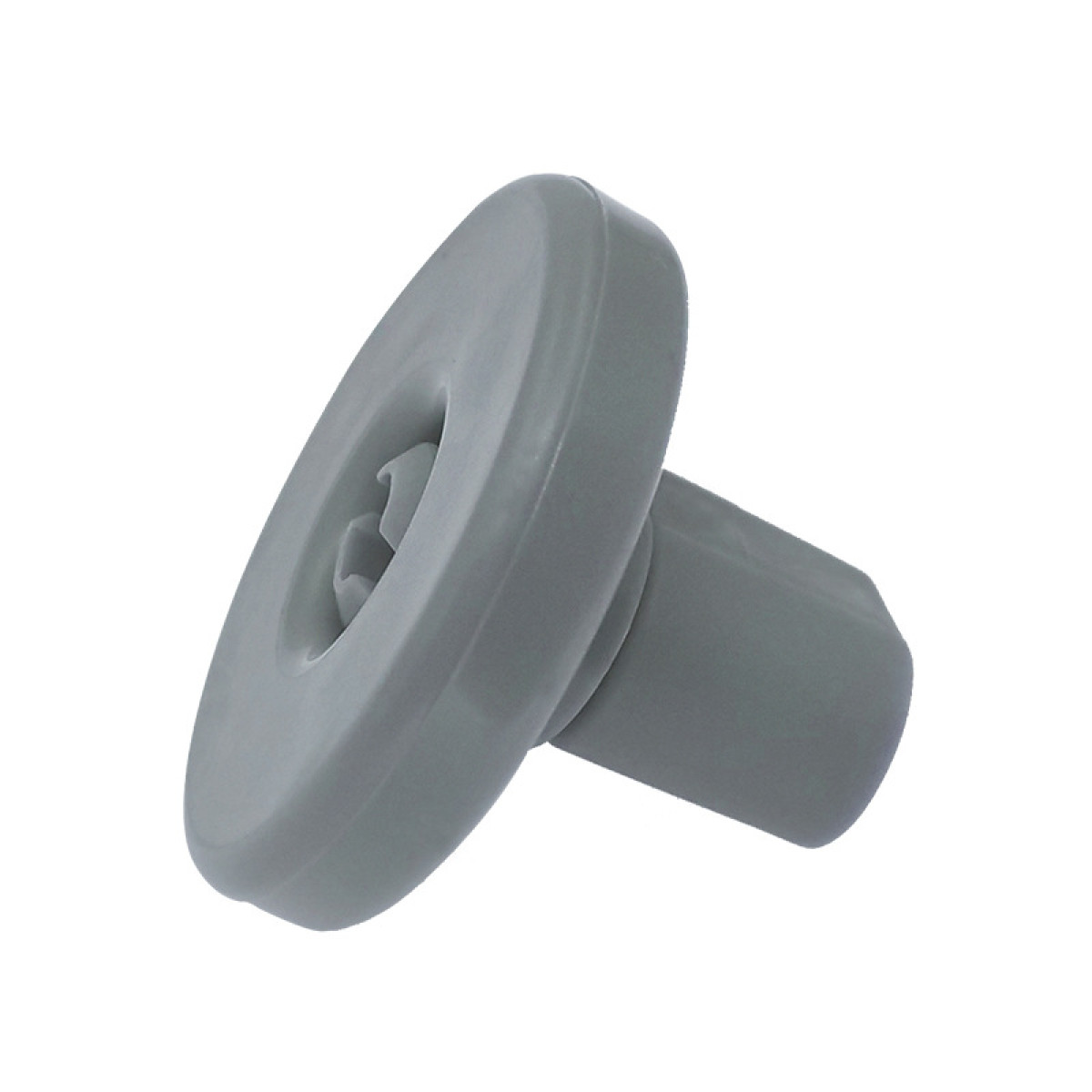 Szara plastikowa nakrętka z płaską górą i trzonkiem.